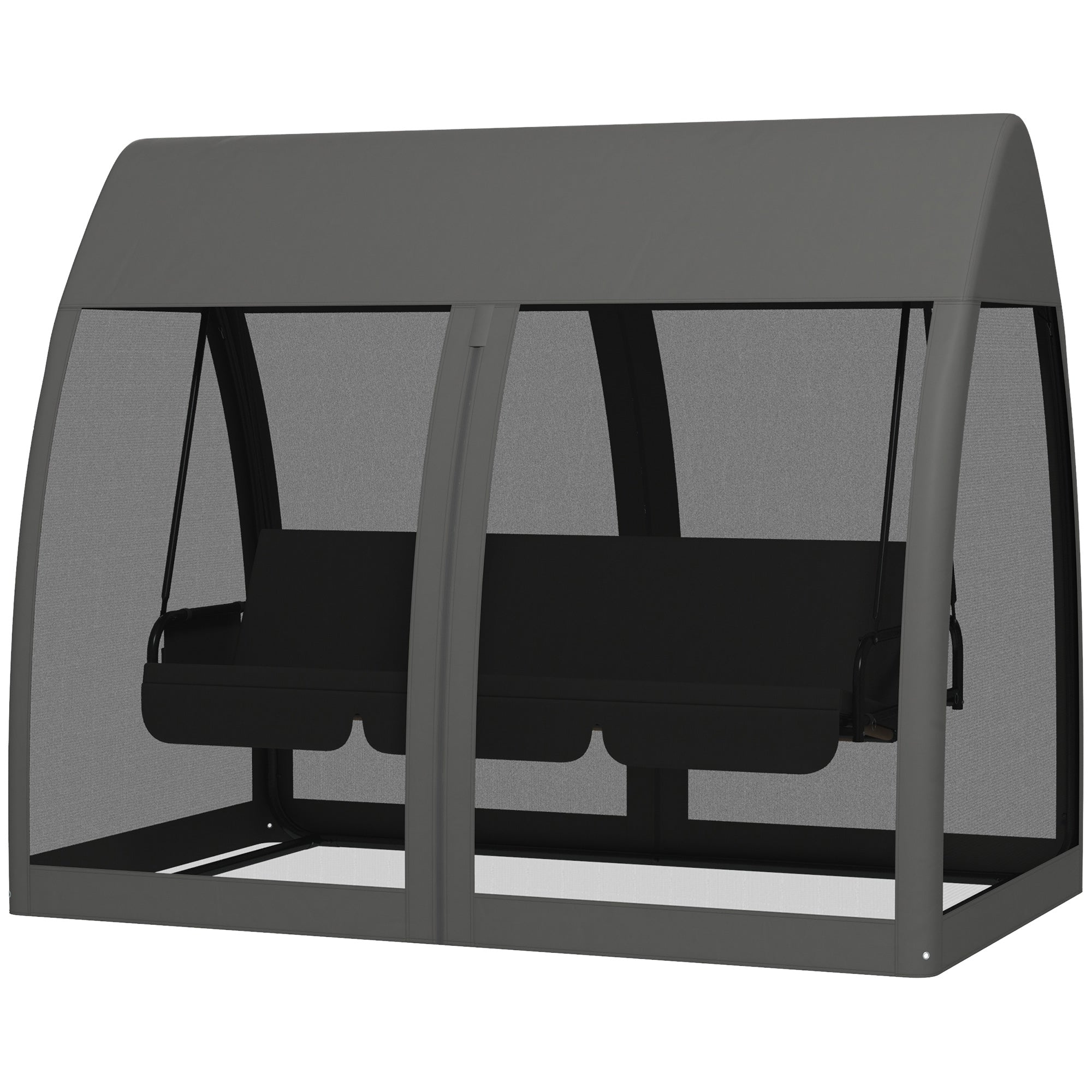 3 Seater Swing Chair 2 in 1 Garden Swing Seat Bed Convertible Outdoor Rocking Bench Bed with Water-Resistant Roof, Zipped Door and Mosquito Netting, Grey