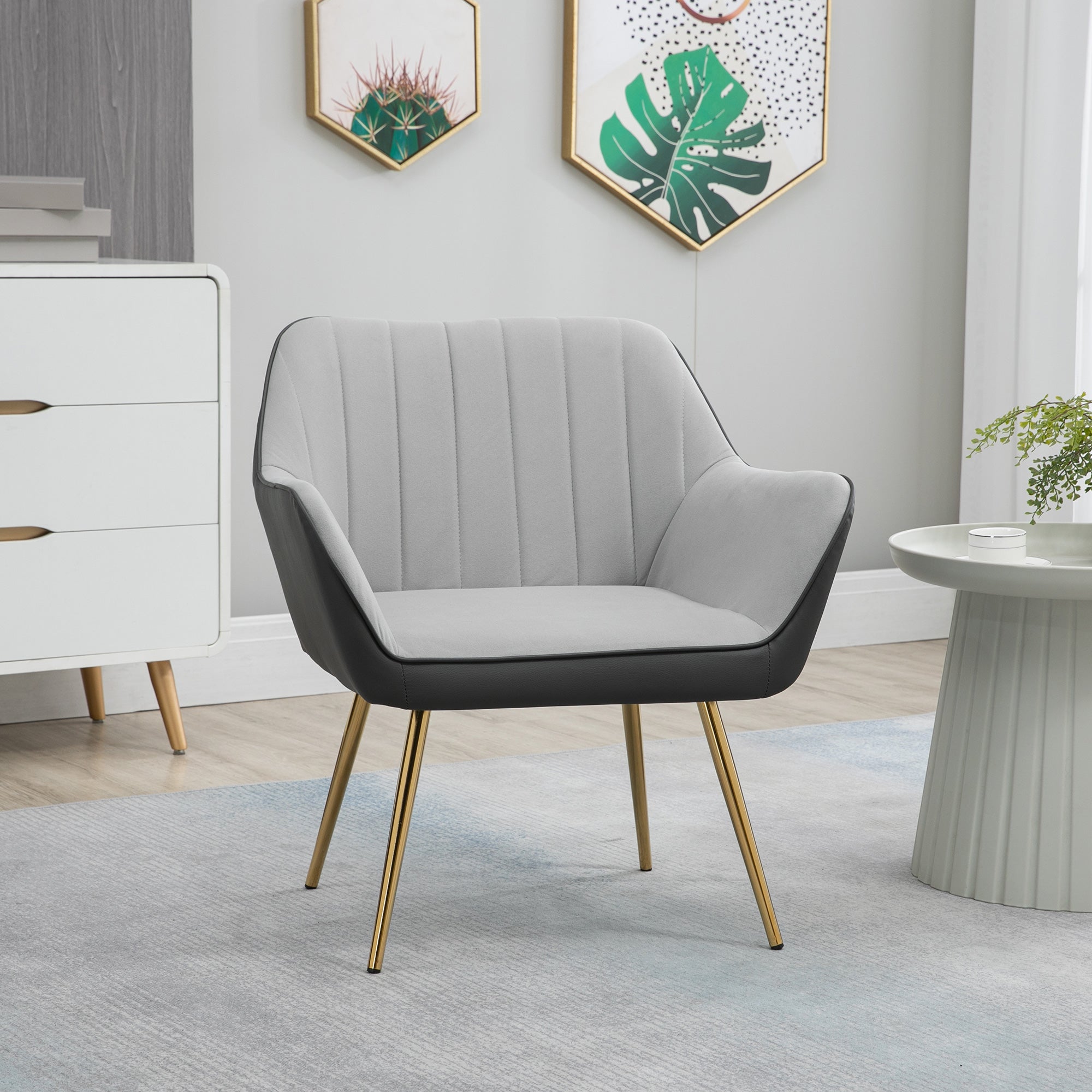 Modern Velvet Armchair with Gold Steel Legs - Light Grey