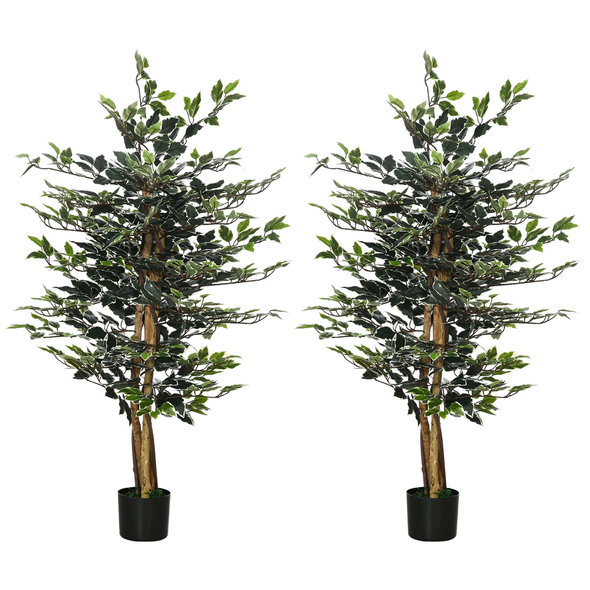 Artificial Ficus Tree in Pot, 130cm Tall Fake Plant with Lifelike Leaves and Natural Trunks, for Indoor Outdoor, Set of 2, Green
