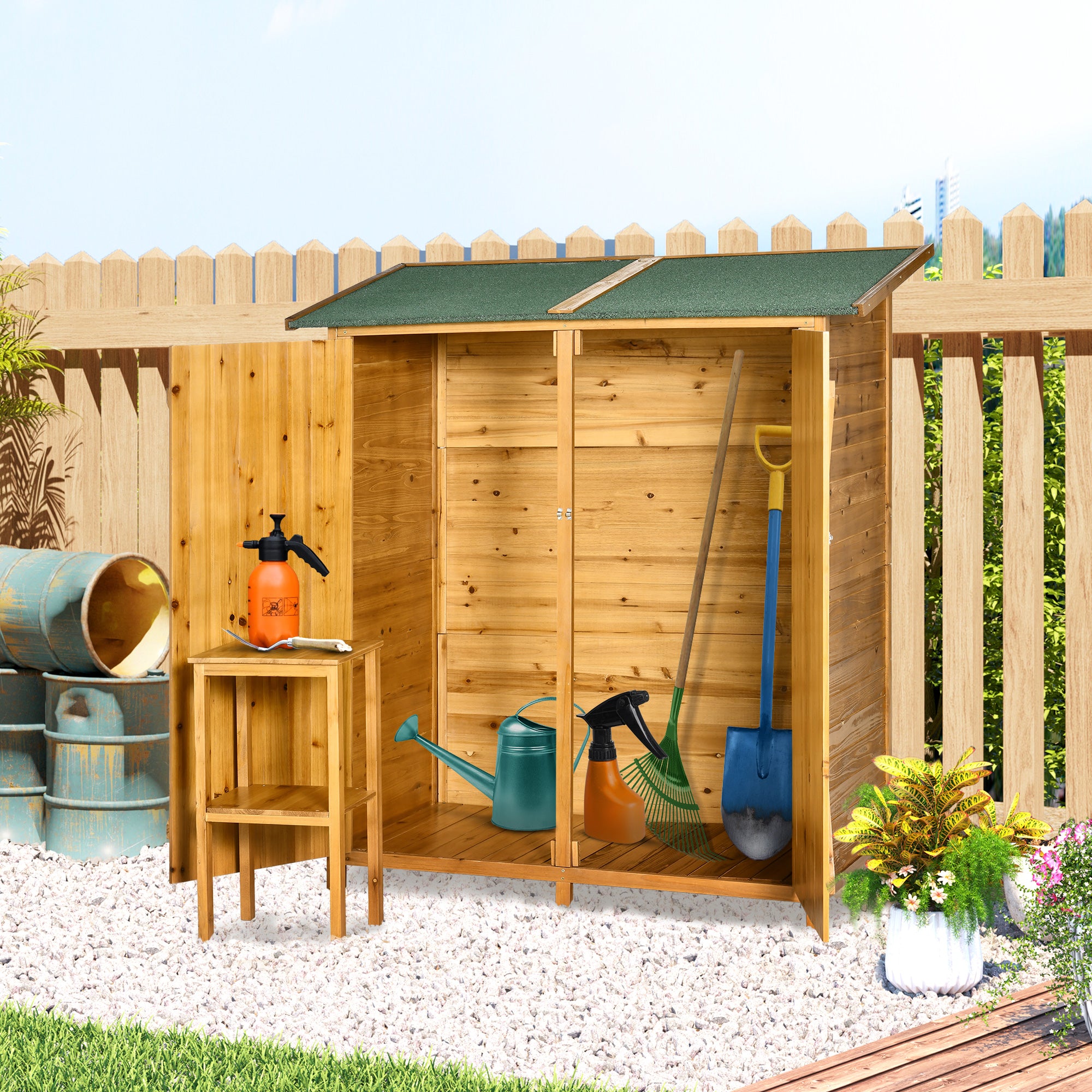 Garden Wood Storage Shed with Removable Table and Lockable Door - Grey