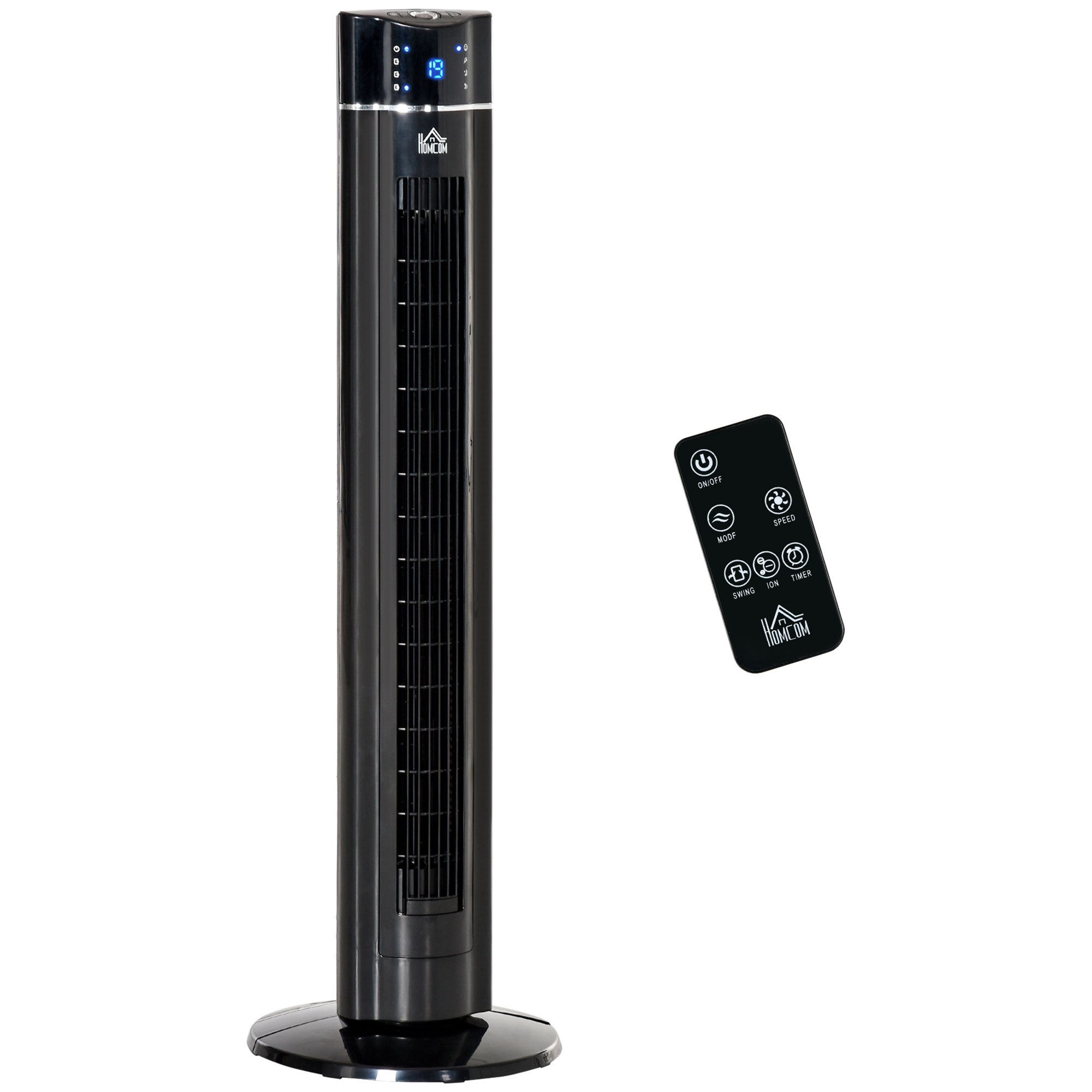 42" Anion Tower Fan with 3 Speeds, 8h Timer, Oscillation, LED Panel & Remote - Black