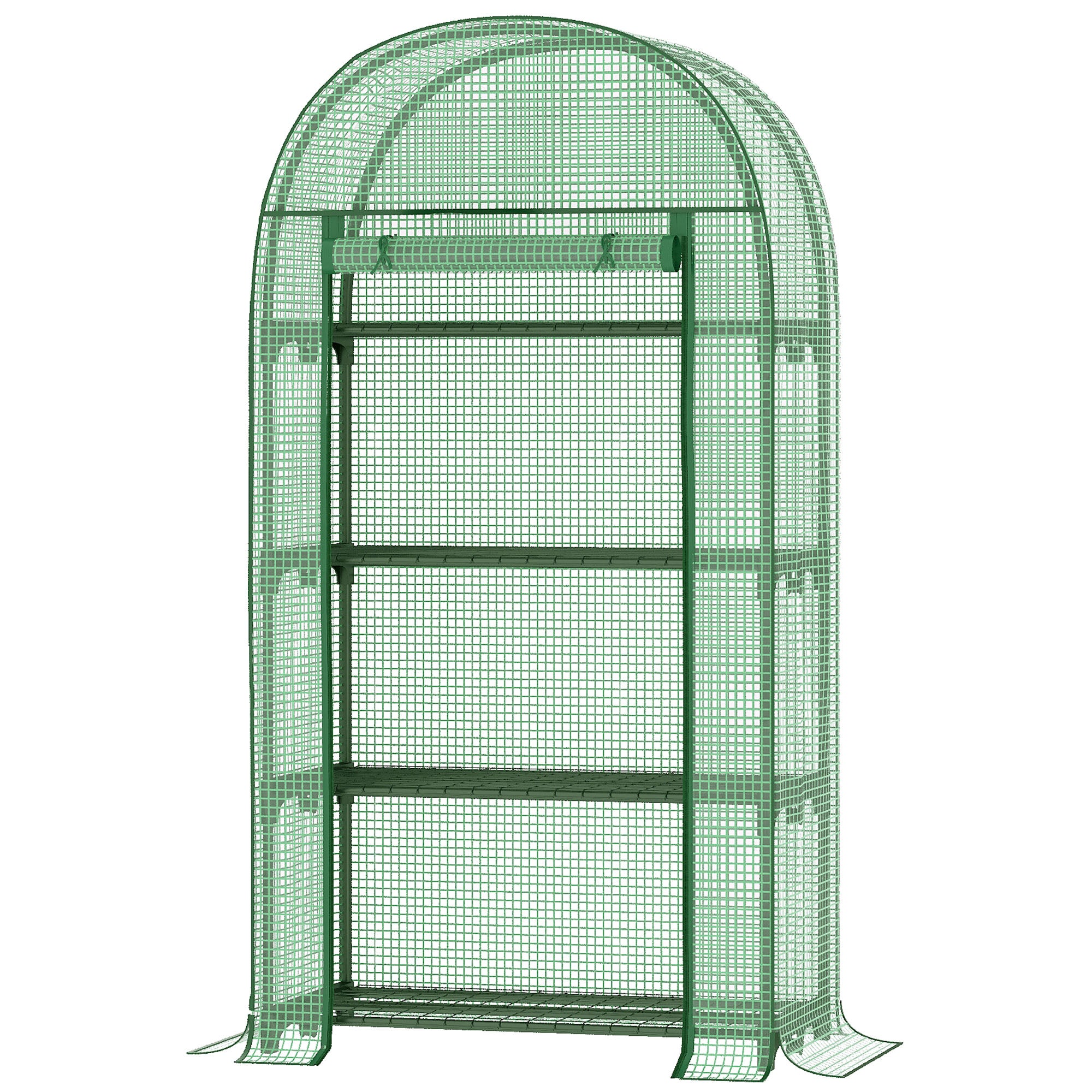 Portable Mini Greenhouse with Four Metal Shelves and Roll-Up Door - Green