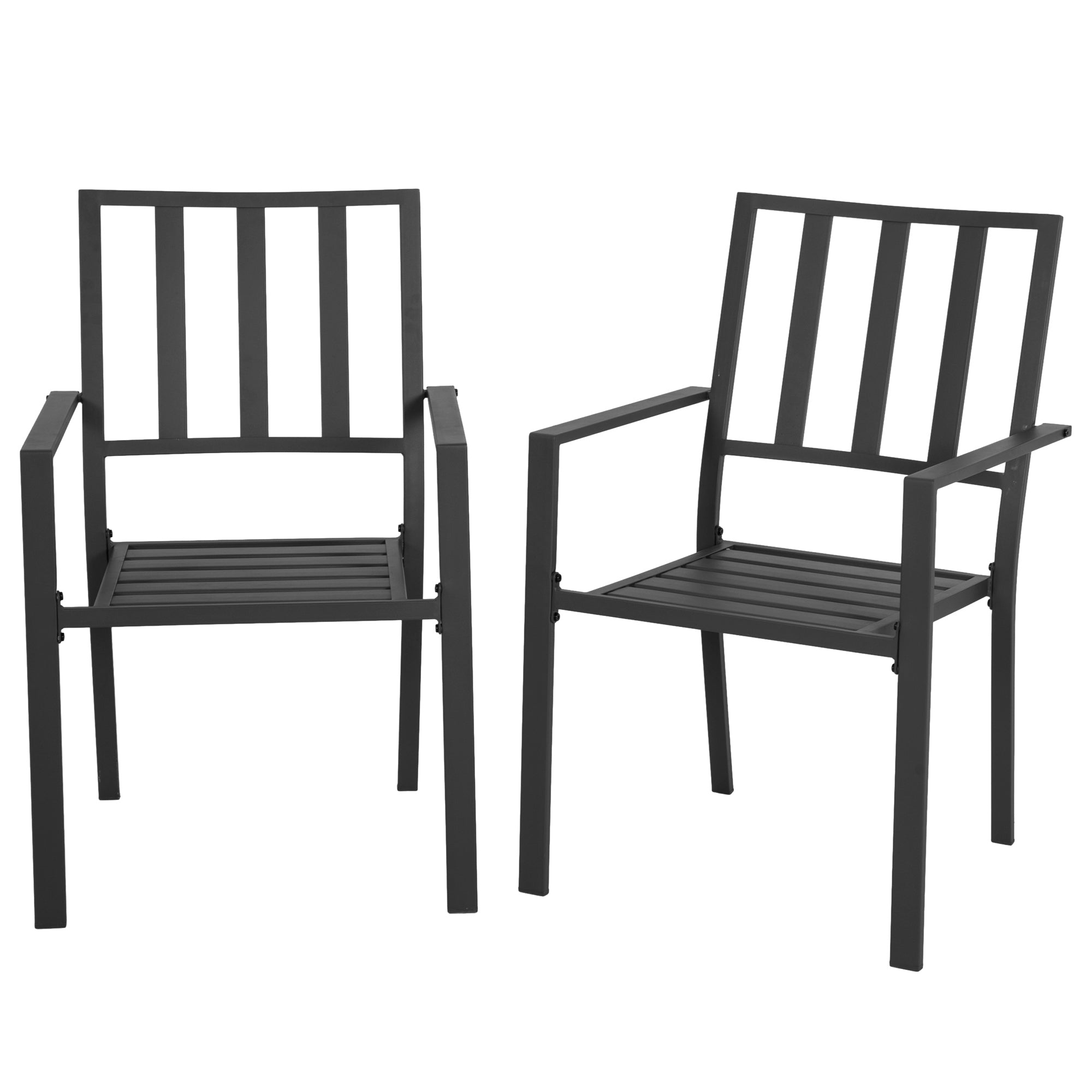 Set of 2 Metal Patio Dining Chairs with Slatted Design - Black