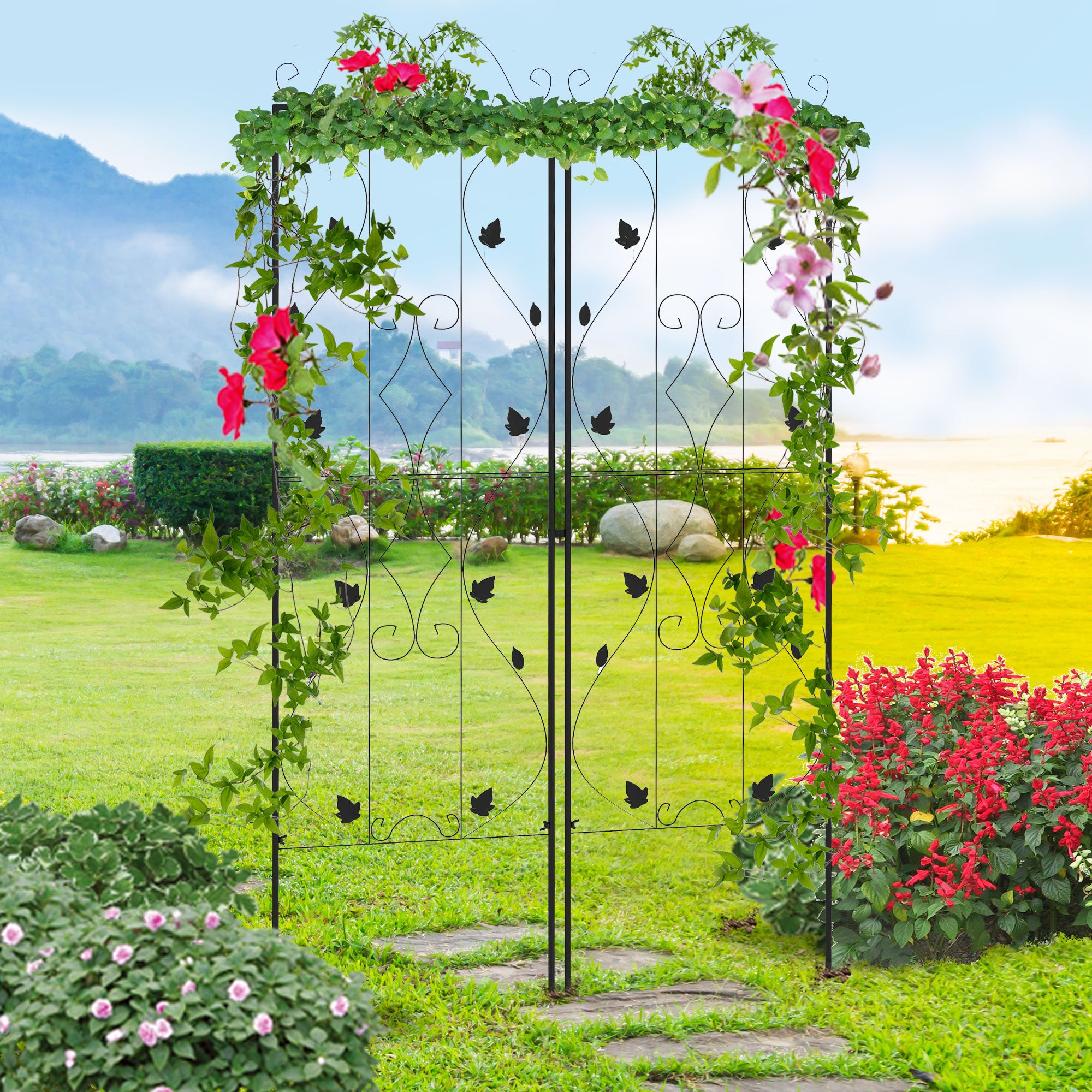 Set of 2 Metal Garden Trellis Panels 181x50cm Leaf Design with Ground Spikes - Black