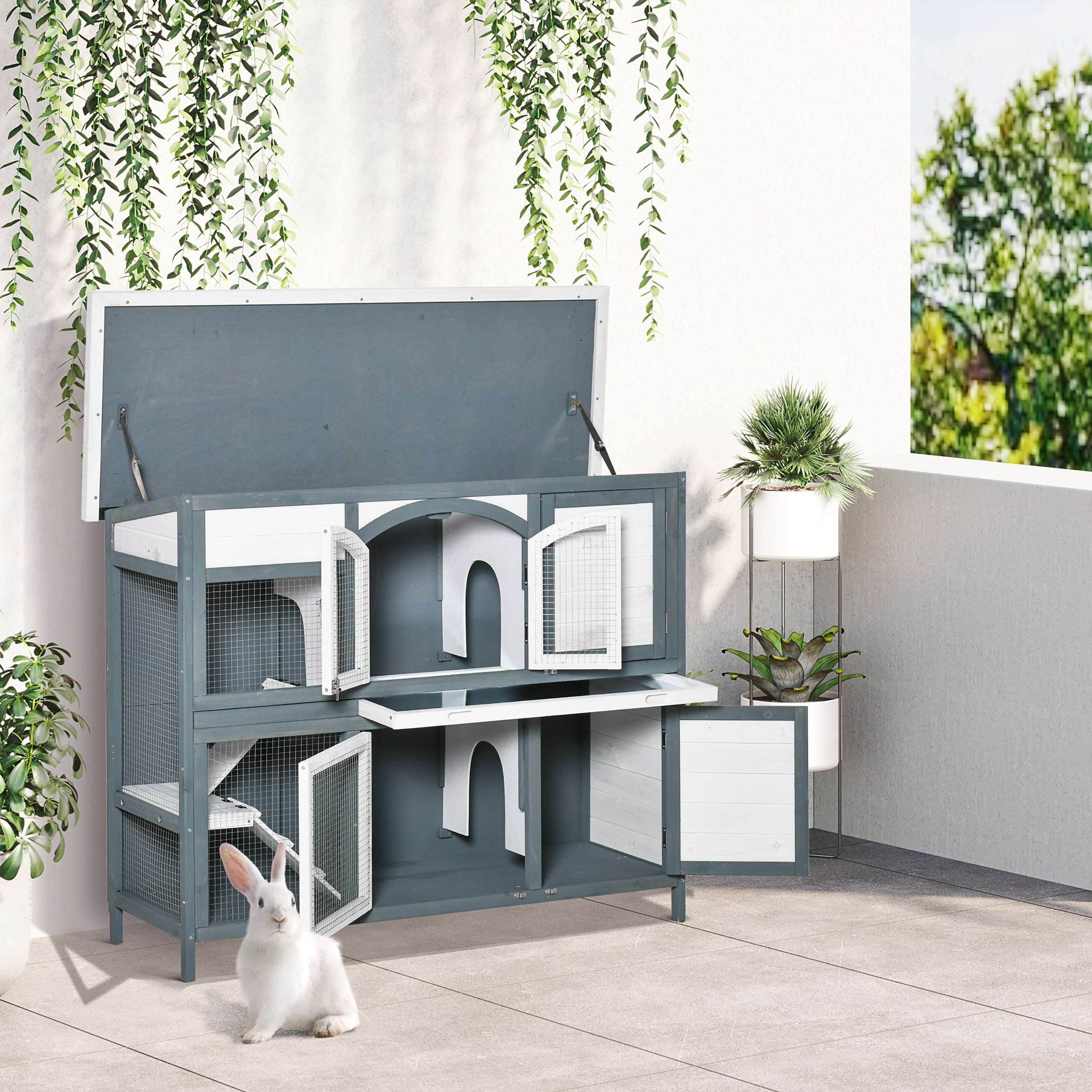 Two-Tier Wooden Rabbit Hutch with Ramp, Slide-Out Tray & Openable Roof - Grey