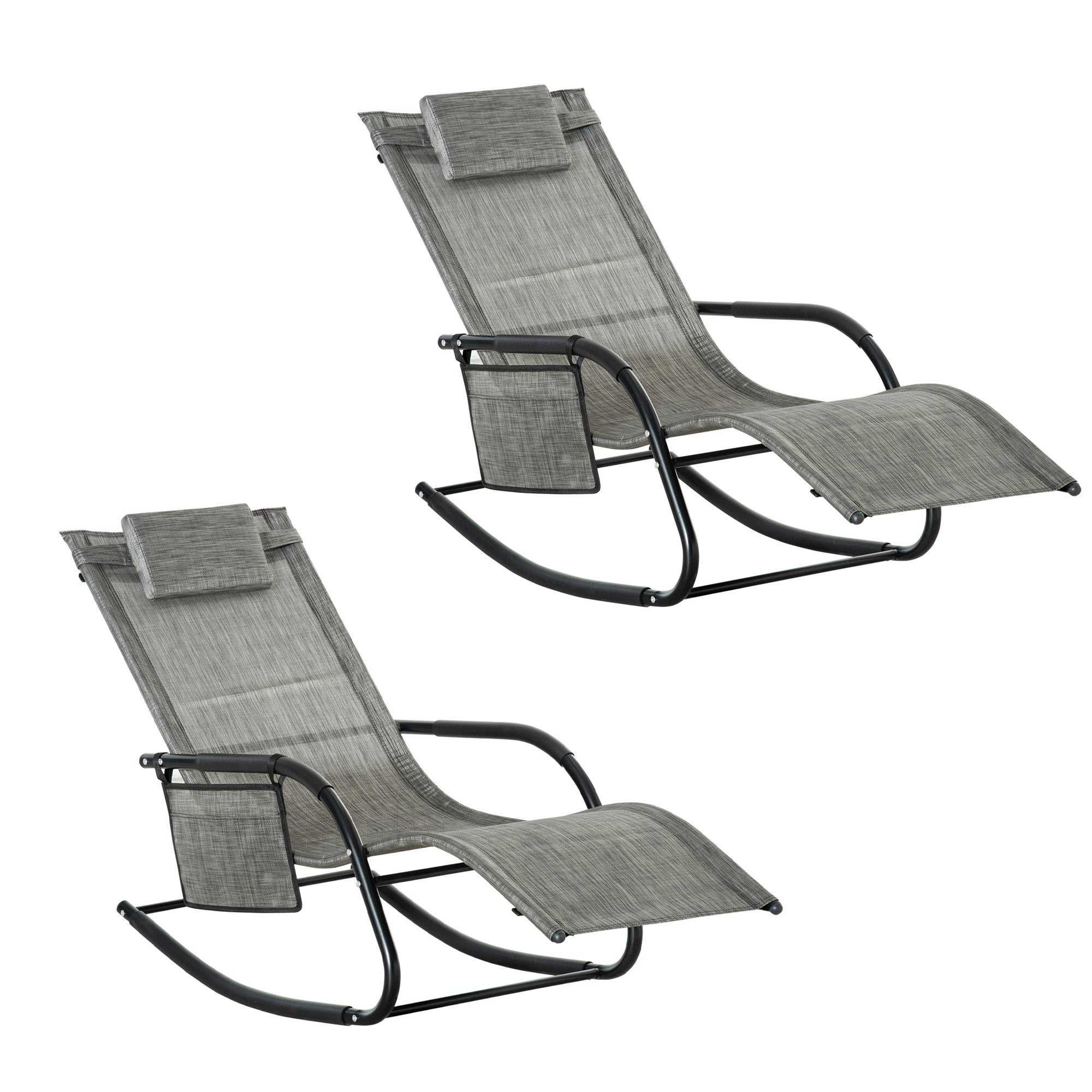 2Pcs Garden Rocking Chair, Patio Sun Lounger Rocker Chair w/ Breathable Mesh Fabric, Removable Headrest Pillow, Side Storage Bag, Dark Grey