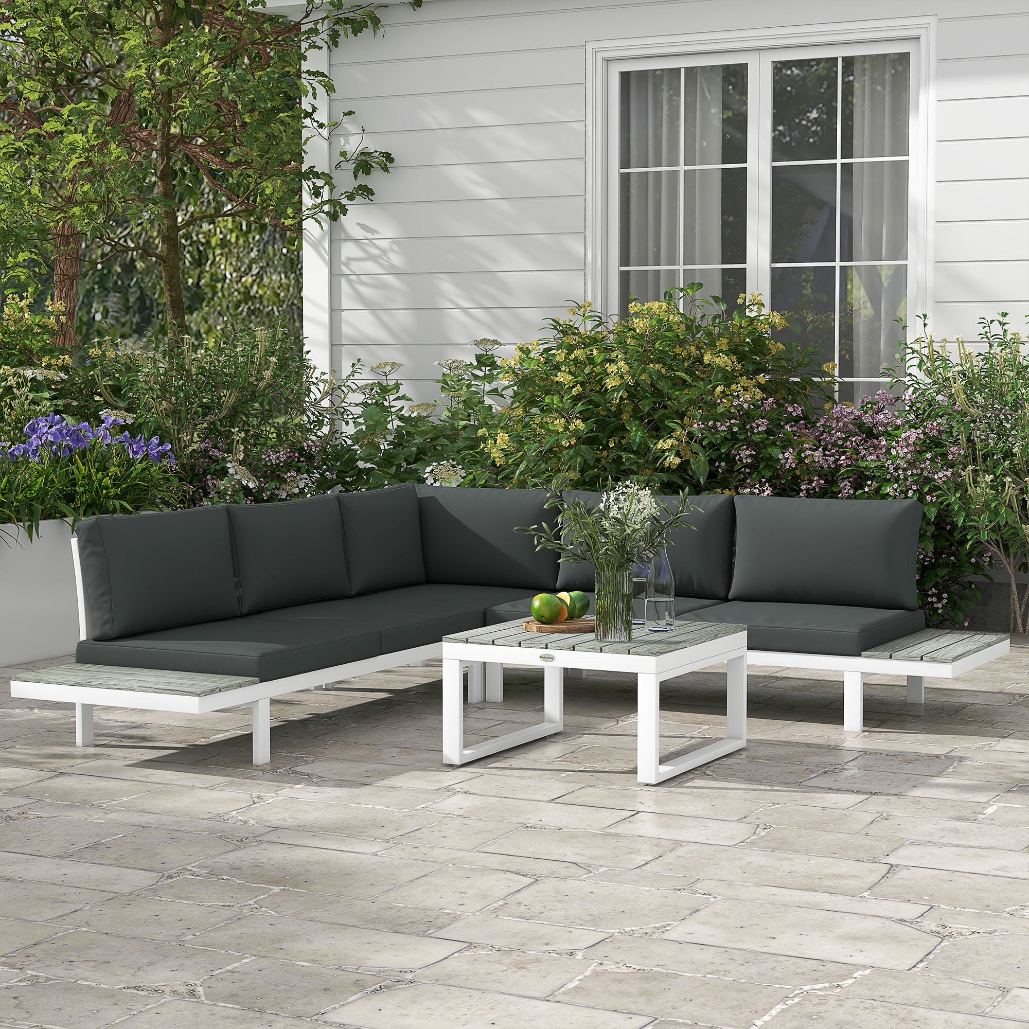 4-Piece Patio Garden Set with 5-Level Reclining Corner Sofa, Loveseats, Coffee Table & Cushions - White