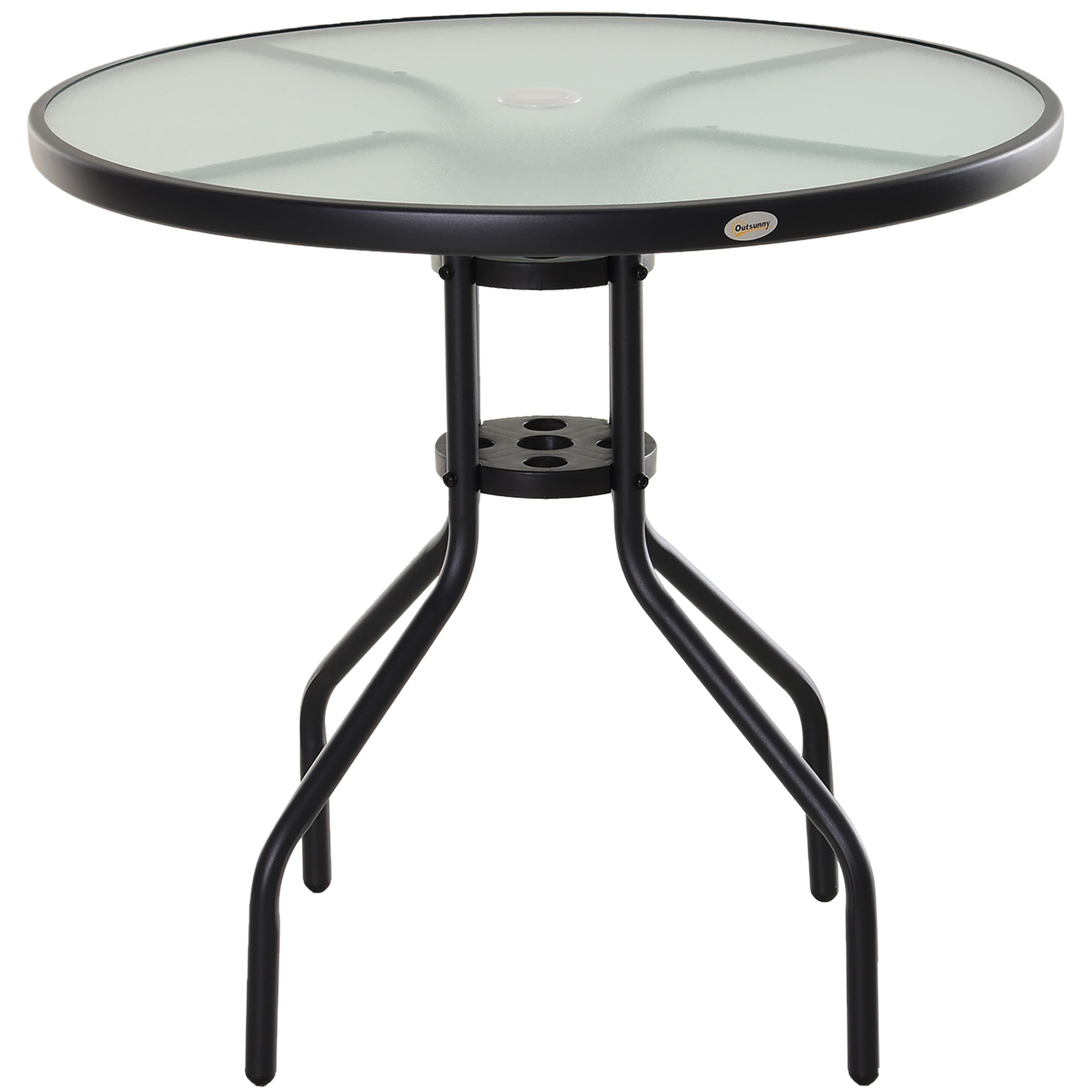 80cm Round Outdoor Garden Table with Tempered Glass Top and Parasol Hole