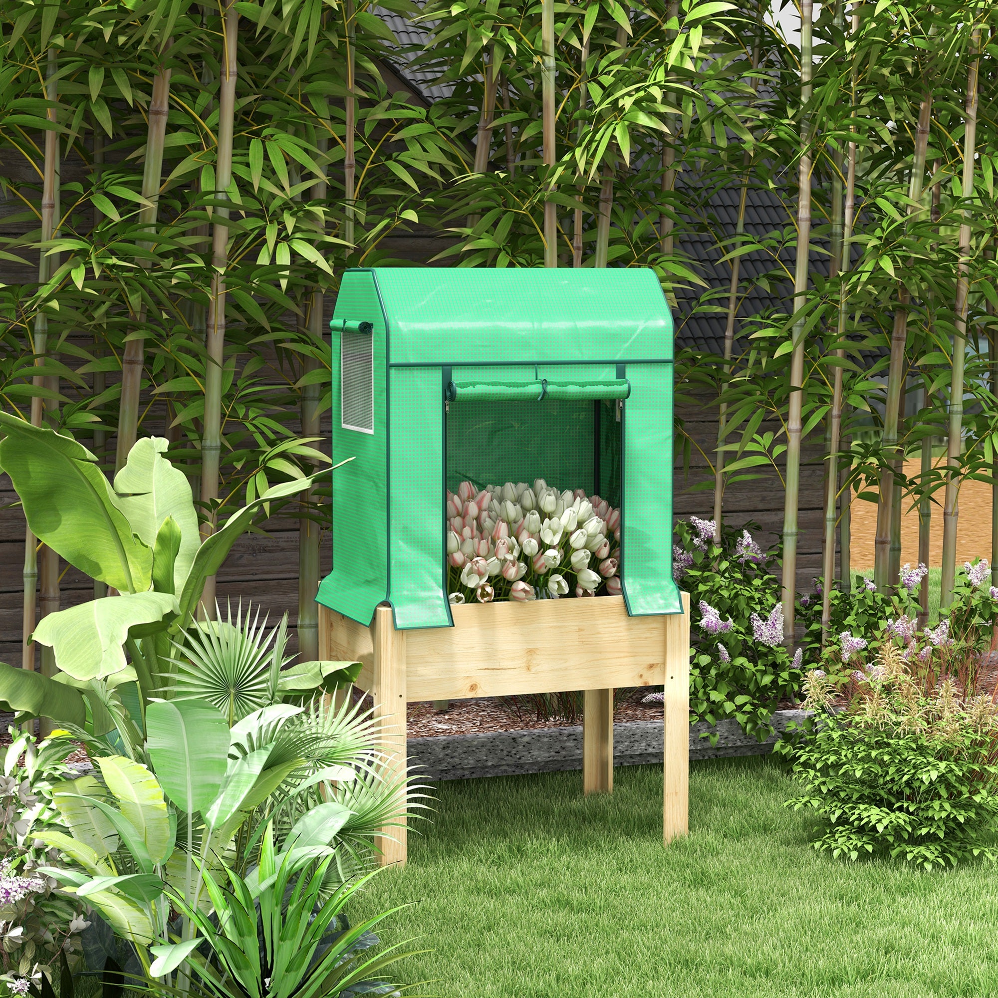 Wooden Raised Garden Bed with PE Greenhouse Cover and Liner - 80x53cm