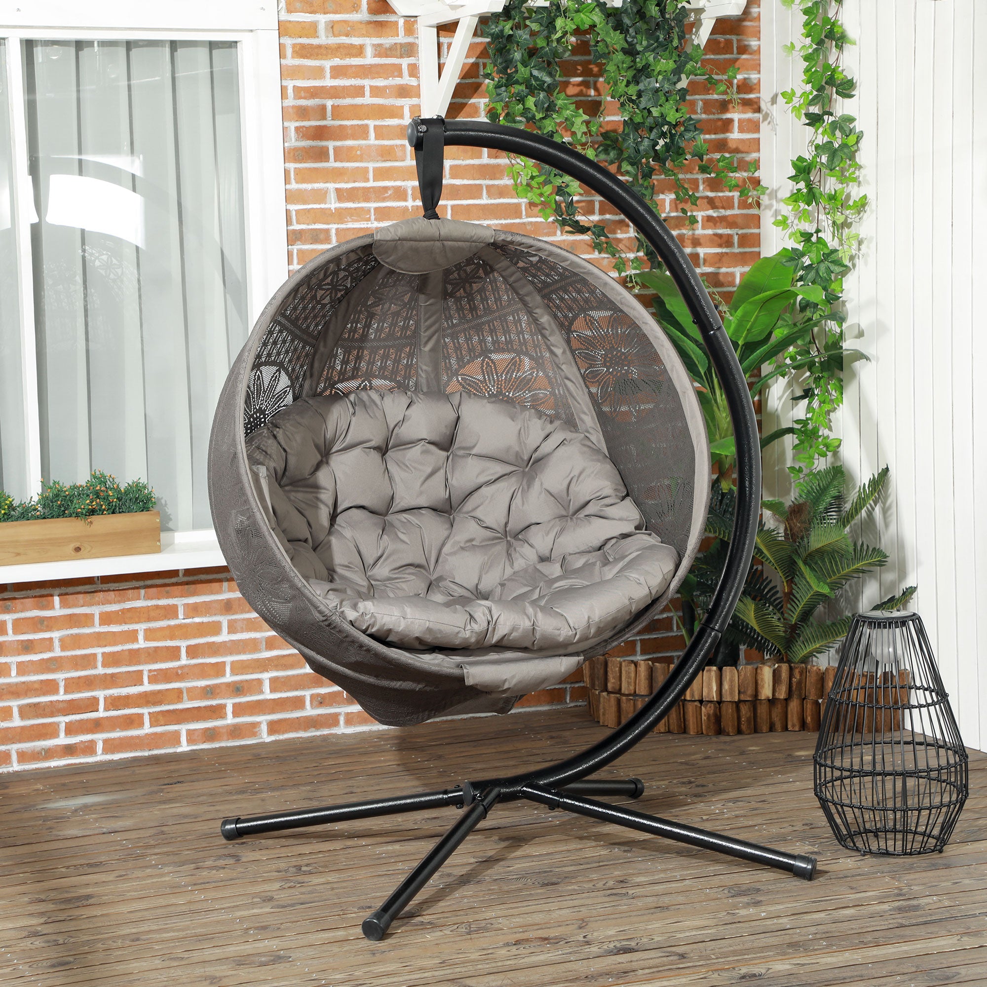 Round Egg Basket Chair with Steel Stand and Padded Seat - Grey