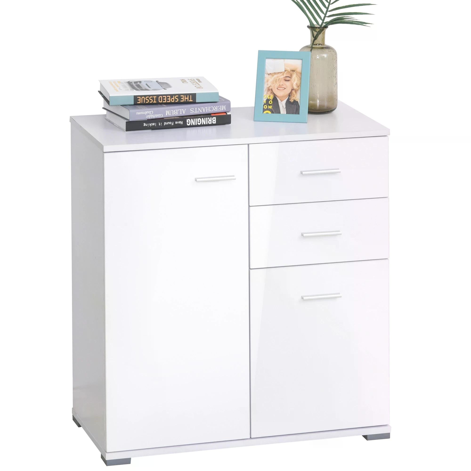 High Gloss Side Cabinet 71x35x76 cm with Drawers and Adjustable Shelf - White