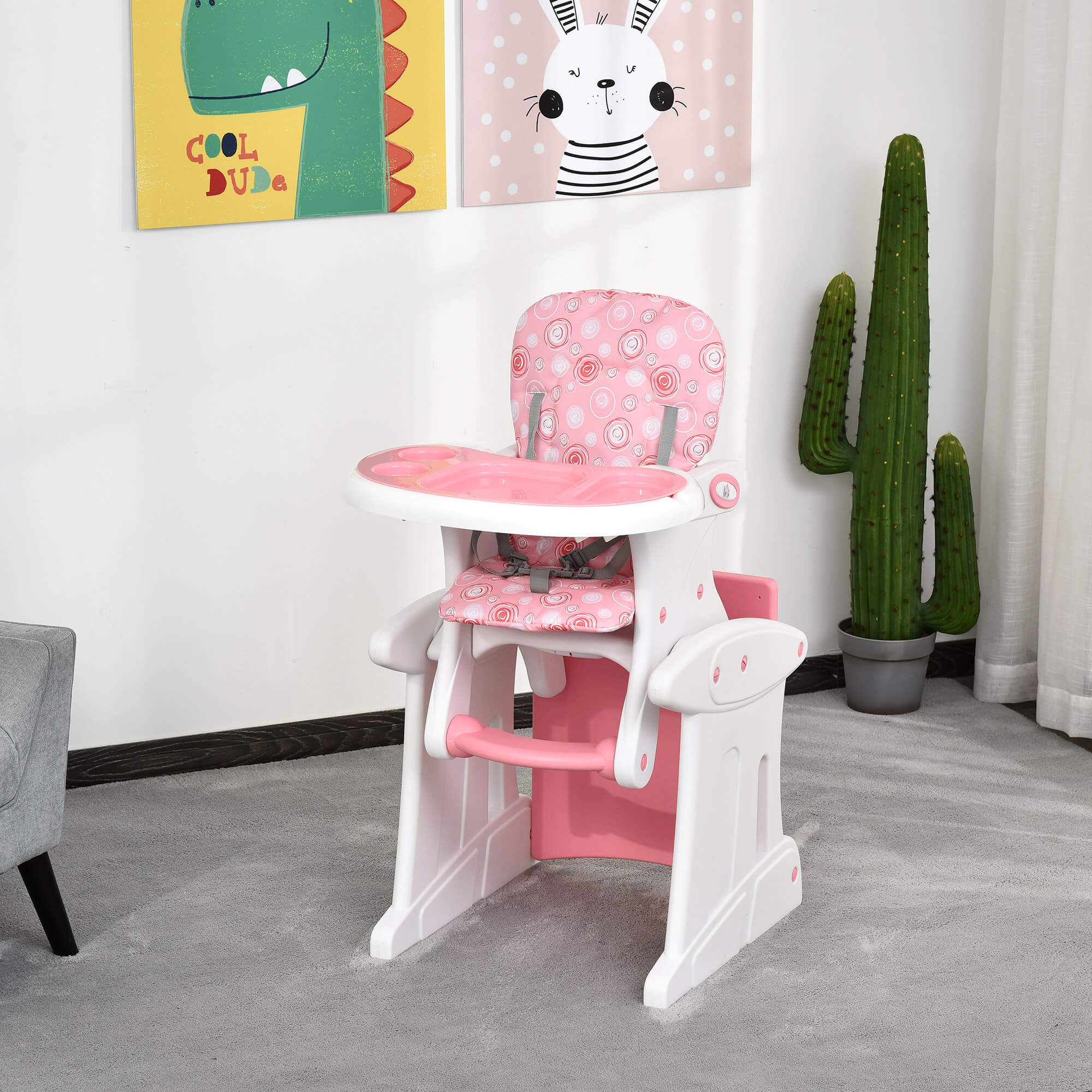 HDPE 3-in-1 Baby Booster High Chair with Adjustable Backrest and Tray - Pink