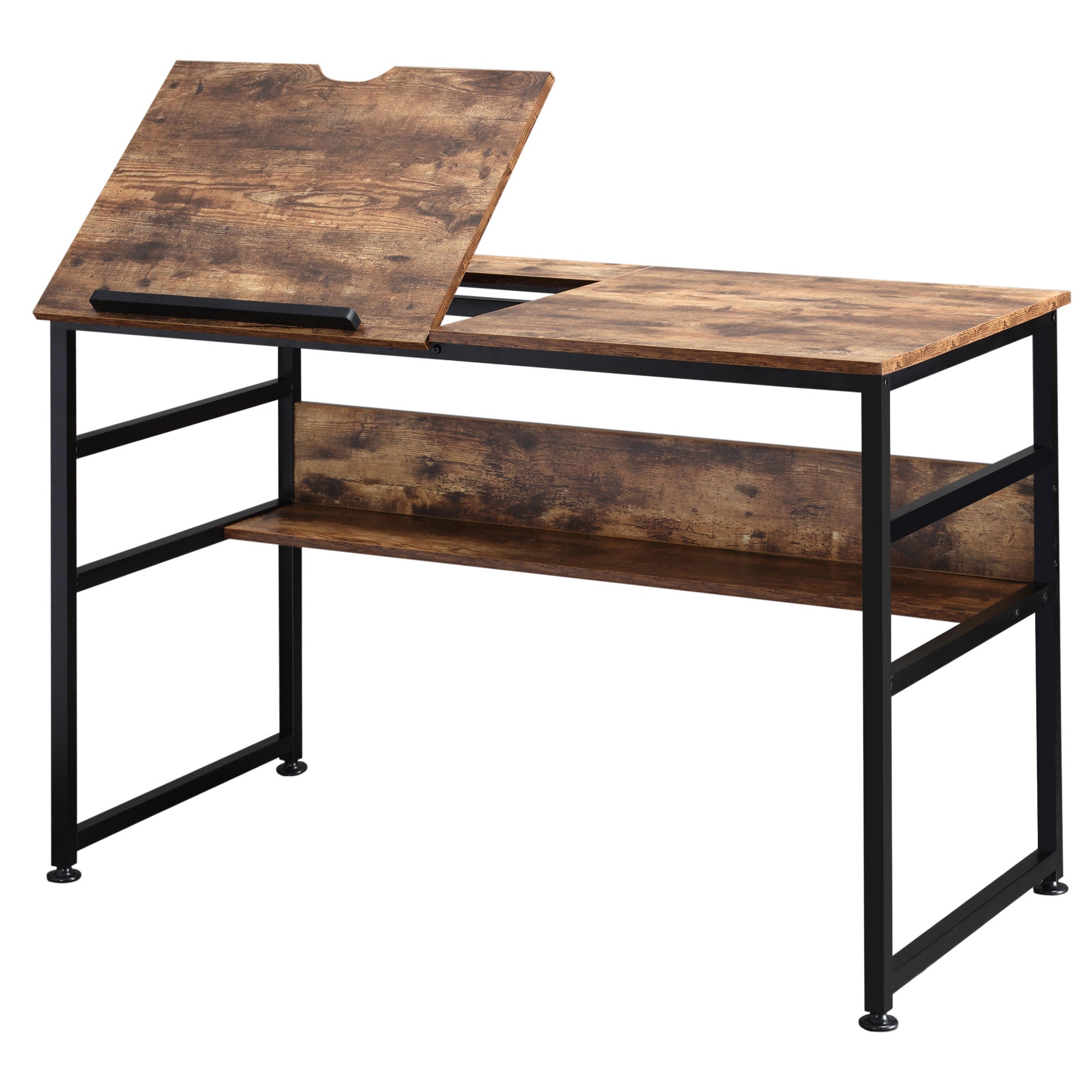 Adjustable Drafting and Art Desk with 15-Level Tabletop, Multifunctional Drawing and Craft Workstation - Rustic Brown Black