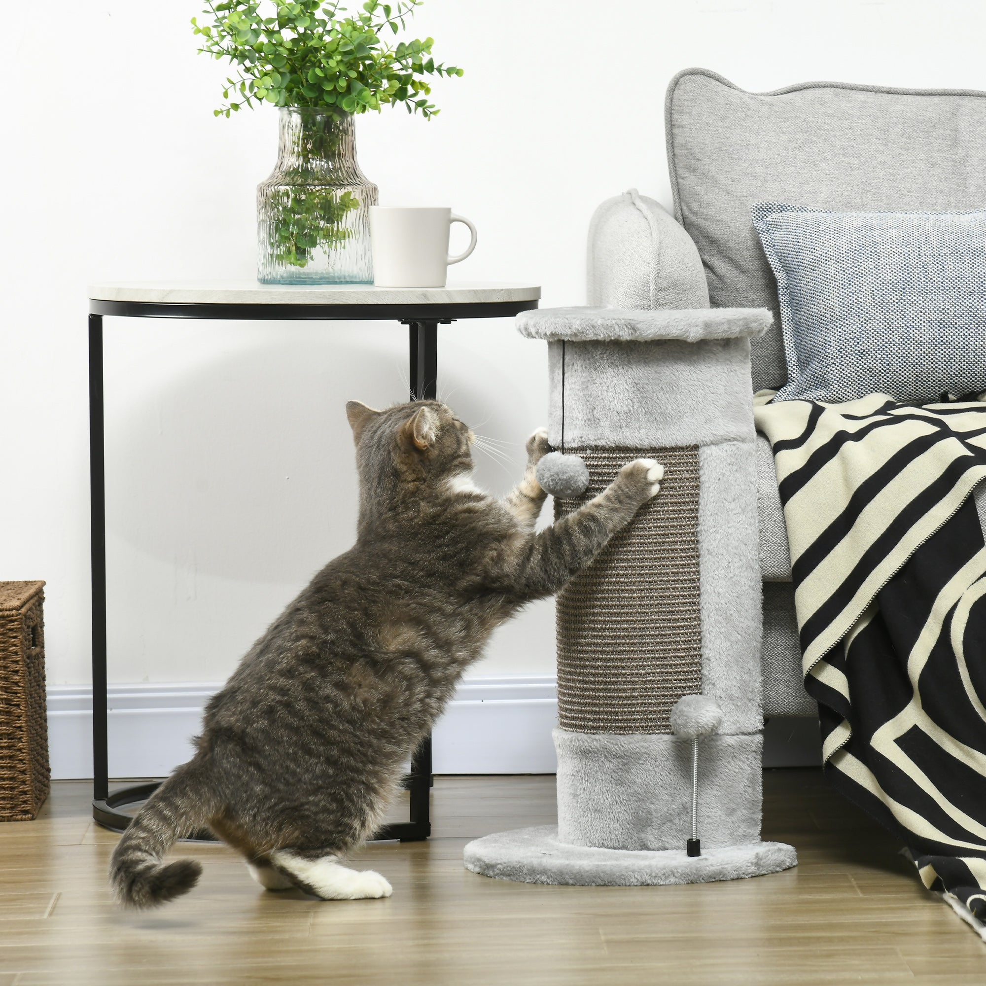 58cm Corner Cat Scratching Post with Sisal Rope and Play Balls, Plush Covered, Stable Base - Grey