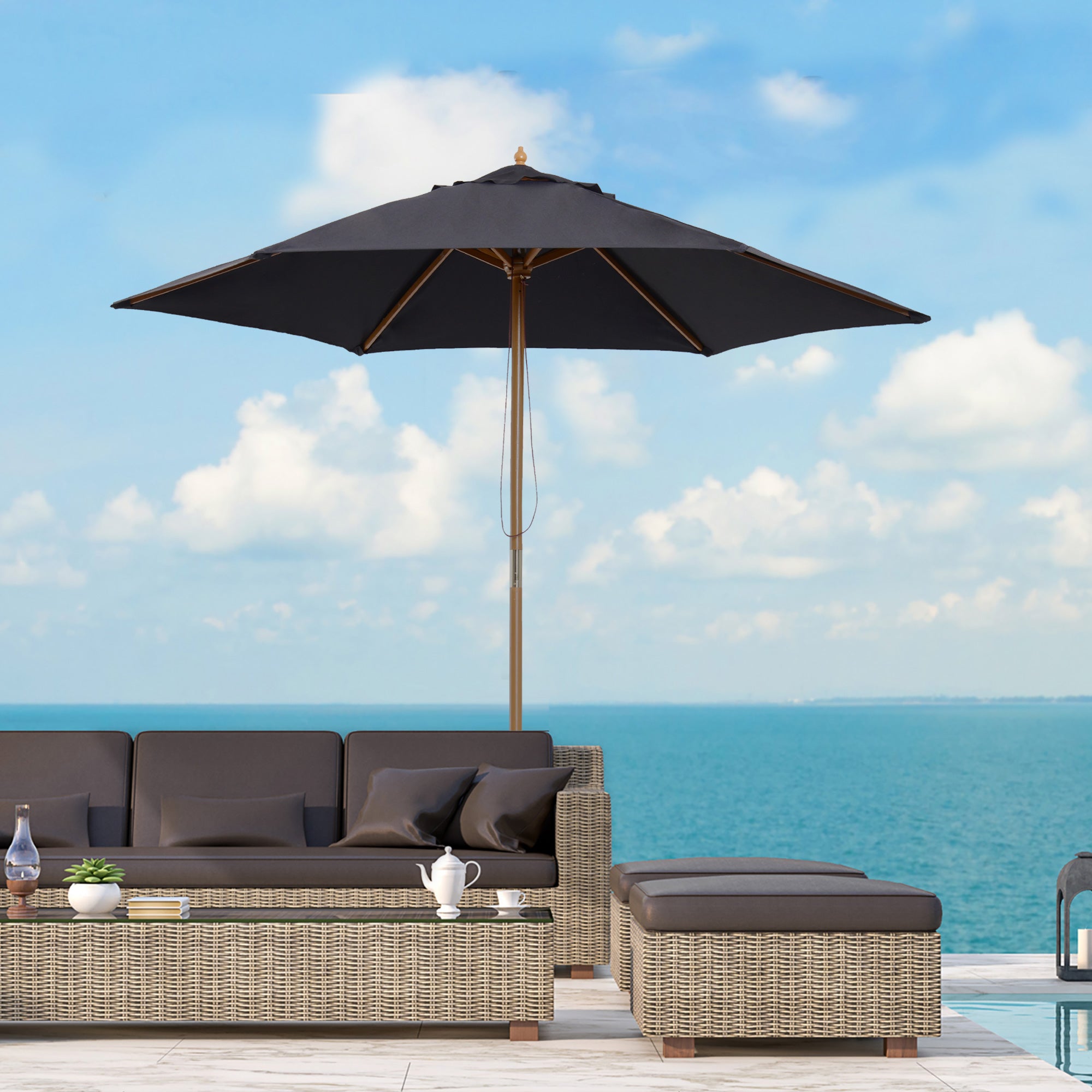 2.5m Wooden Garden Patio Parasol with Pulley Mechanism - Black
