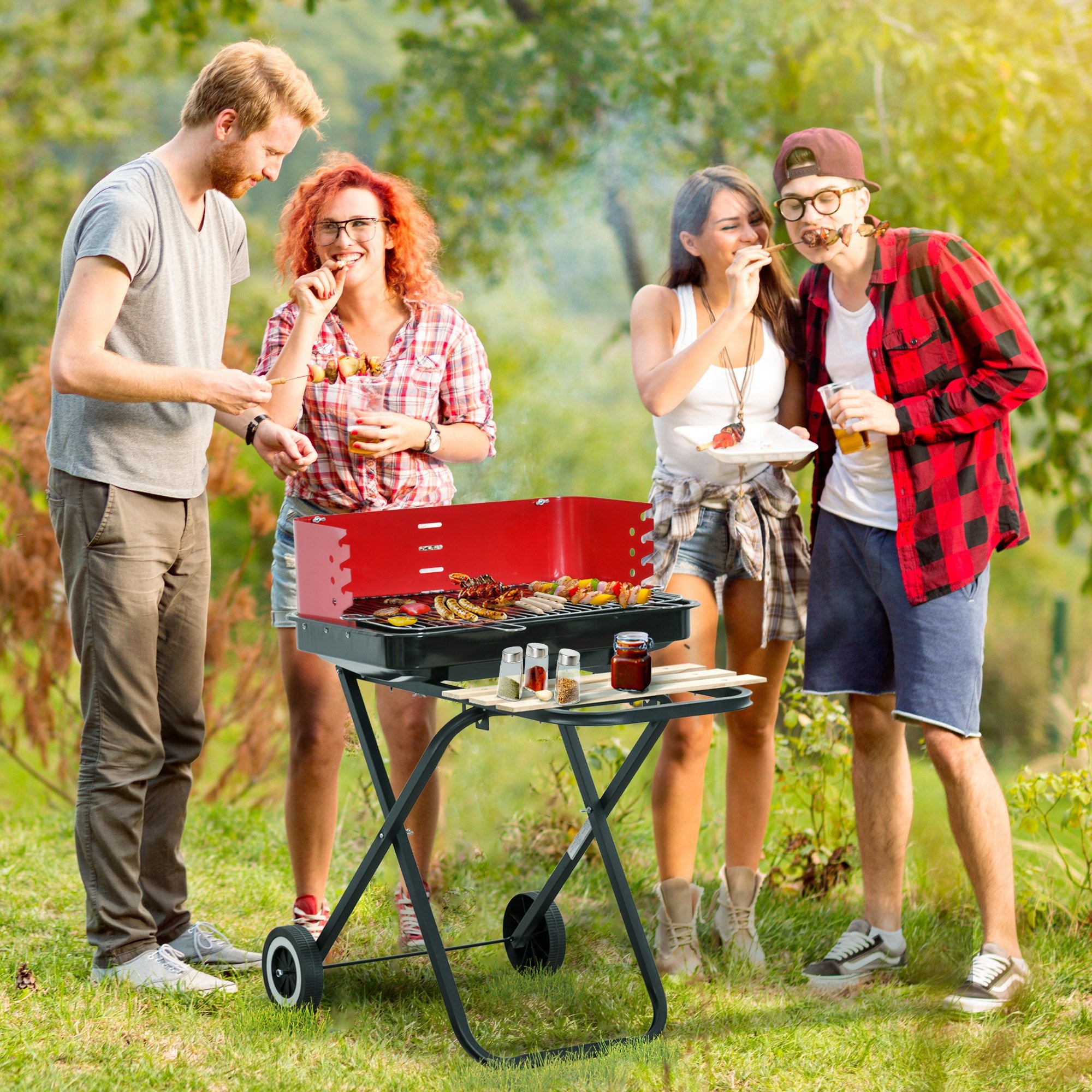 Foldable Durable Charcoal BBQ Grill with Wheels and Side Trays - Red/Black