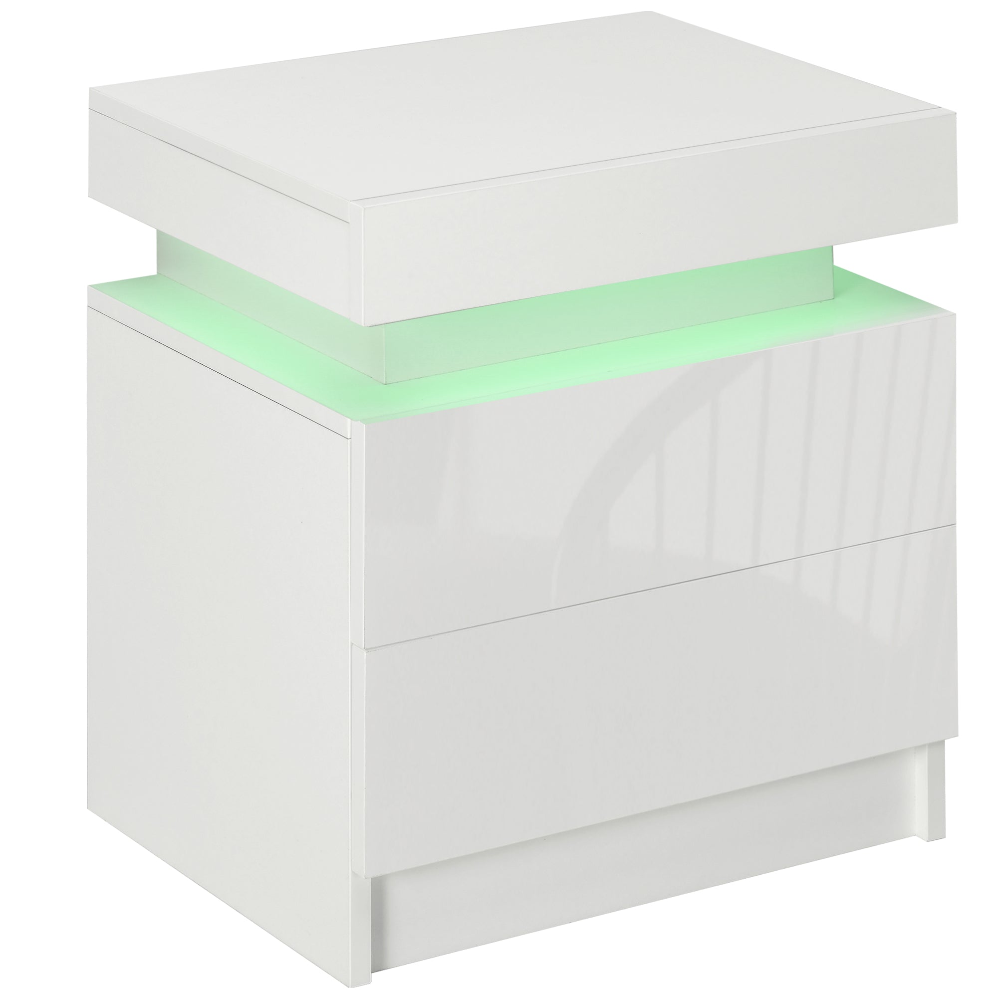 White Bedside Cabinet with LED Light - High Gloss Finish and 2 Drawers
