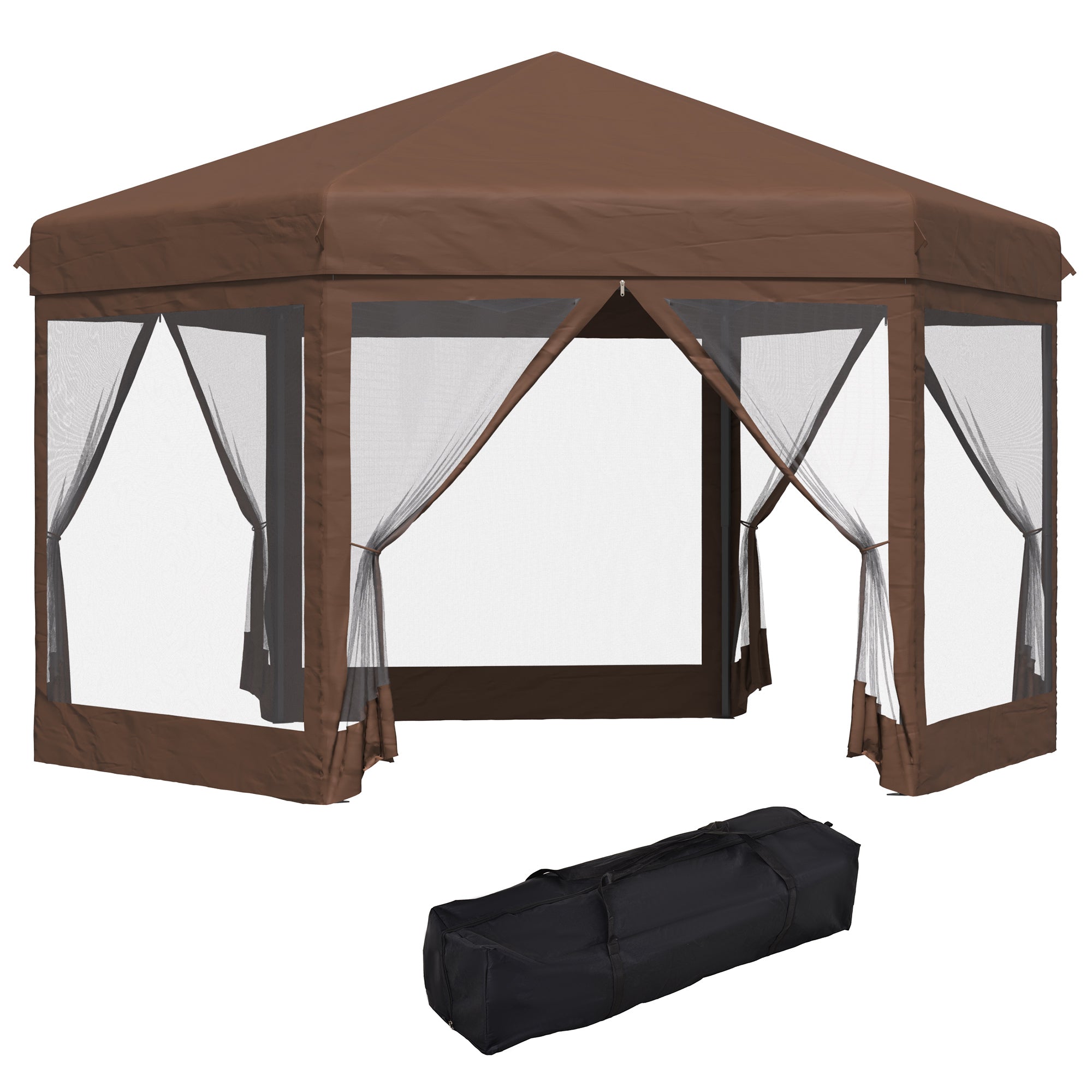 3x3.5m Hexagonal Pop Up Gazebo Tent with Mosquito Netting - Brown