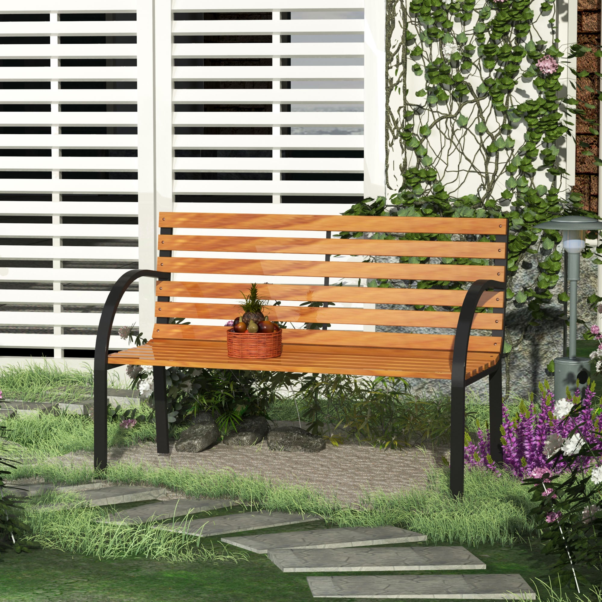 Wooden 2-Seater Garden Park Bench with Metal Frame - Black/Natural Wood