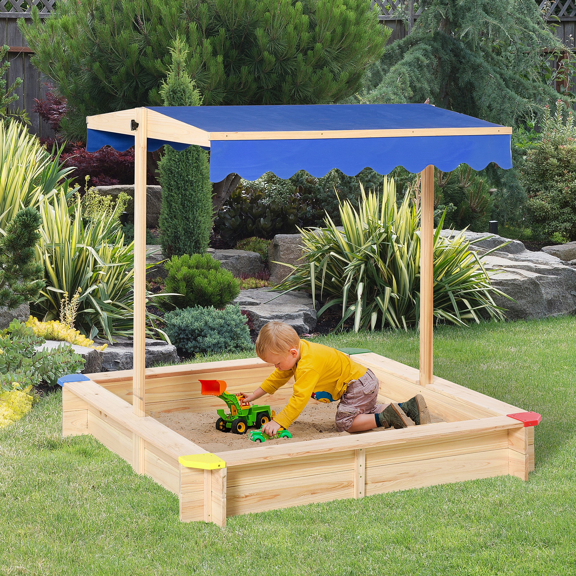 Kids Wooden Sandpit with Adjustable Canopy and Bench Seat - Natural Wood