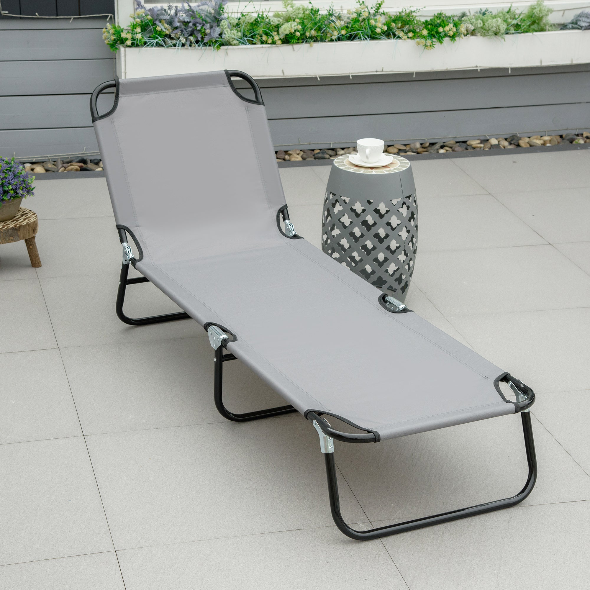 Portable Folding Sun Lounger With 5-Position Adjustable Backrest Relaxer Recliner with Lightweight Frame Great for Pool or Sun Bathing Grey