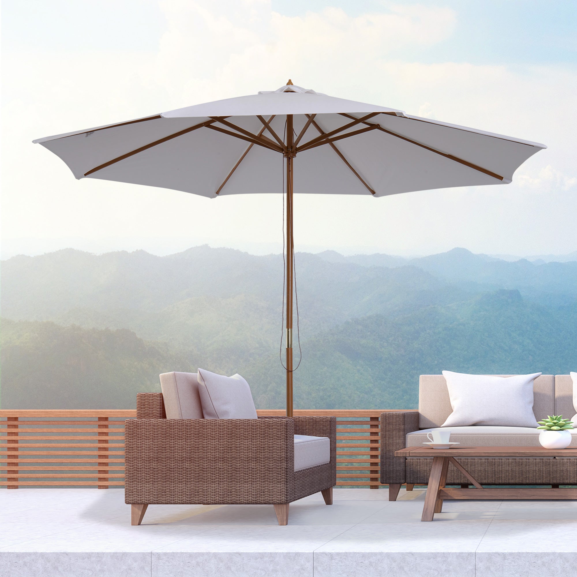 3 Metre Fir Wood Garden Parasol with Bamboo Ribs - Cream White