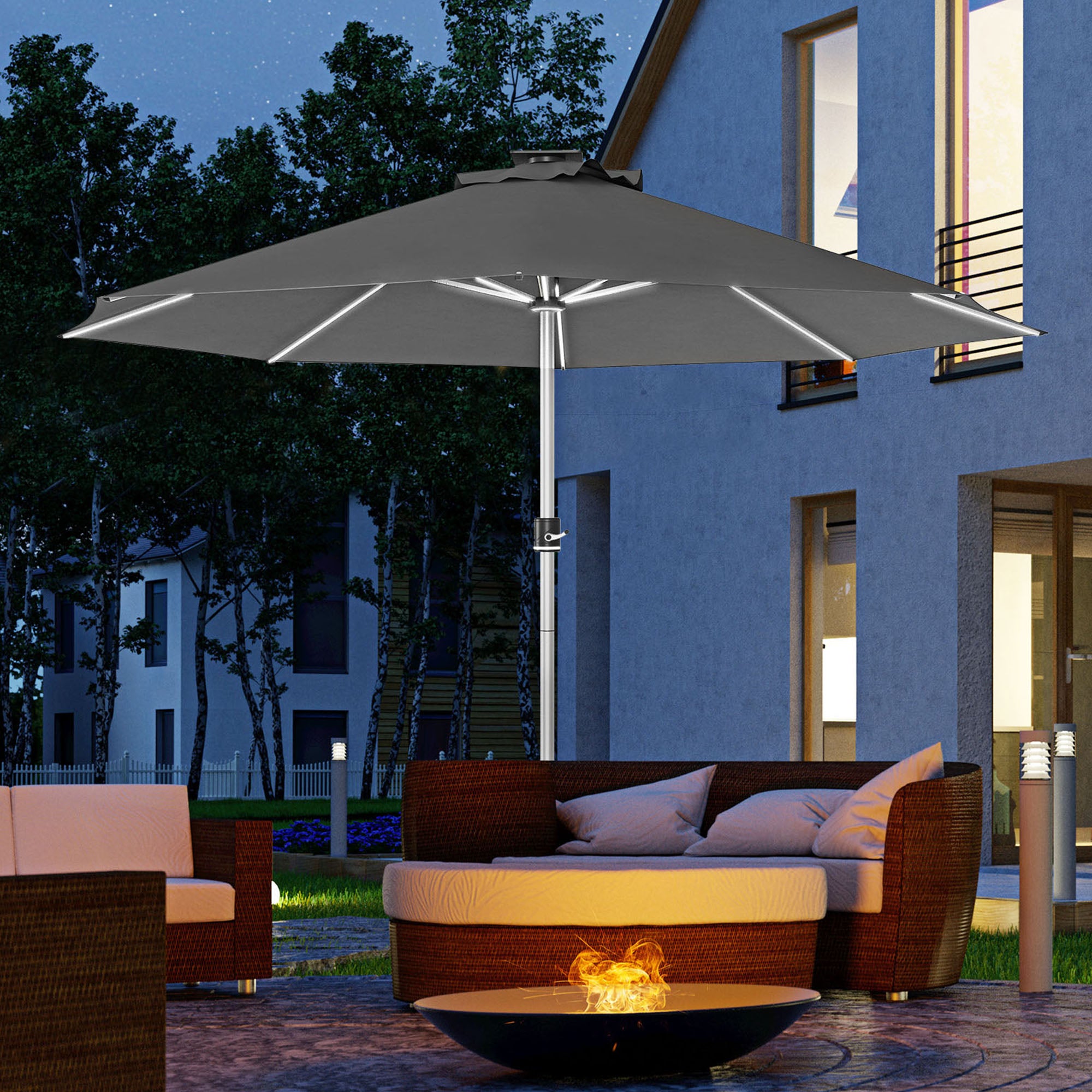 LED Patio Umbrella with Adjustable Lighting and Solar USB Charging - Charcoal Grey