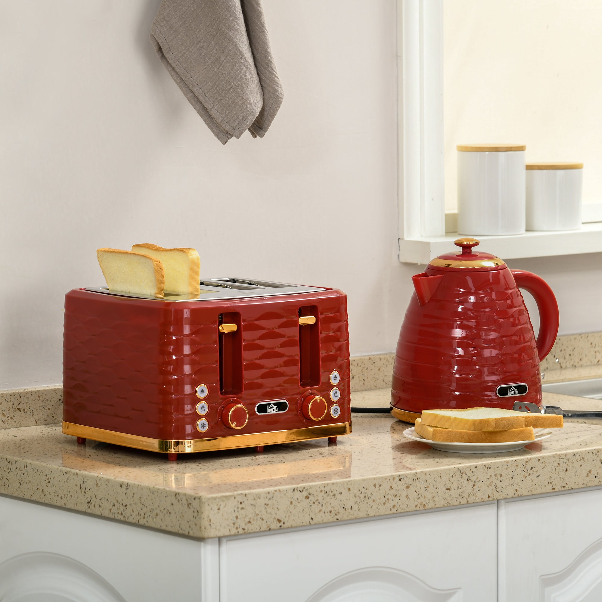 2 Piece 1.7L Kettle and 4-Slice Toaster Set 3000W Rapid Boil - Red