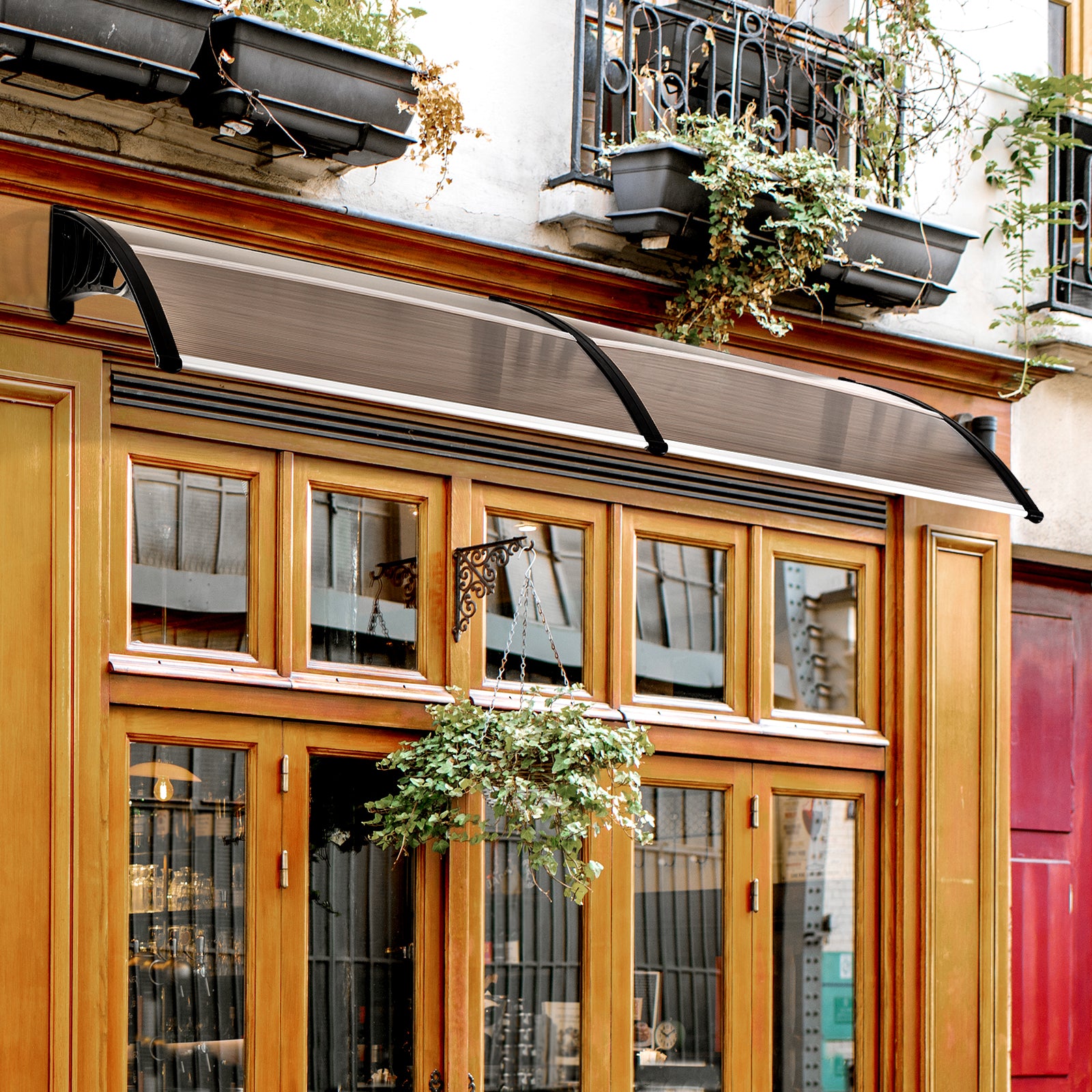 Durable Curved Door Awning Canopy with Polycarbonate Cover - Brown