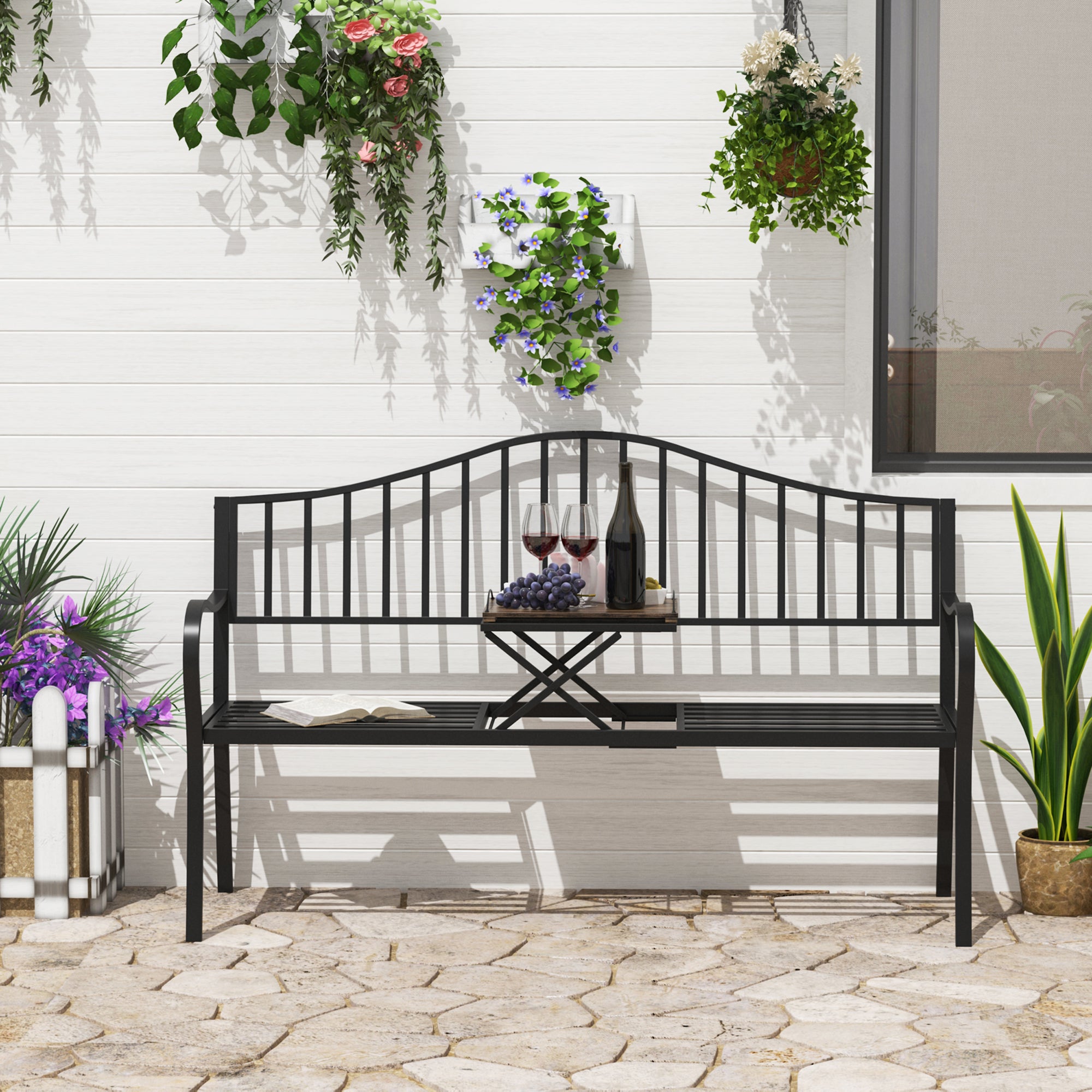 Outdoor Metal Frame Bench with Foldable Middle Table for Patio Garden Park Seating - Metal Frame