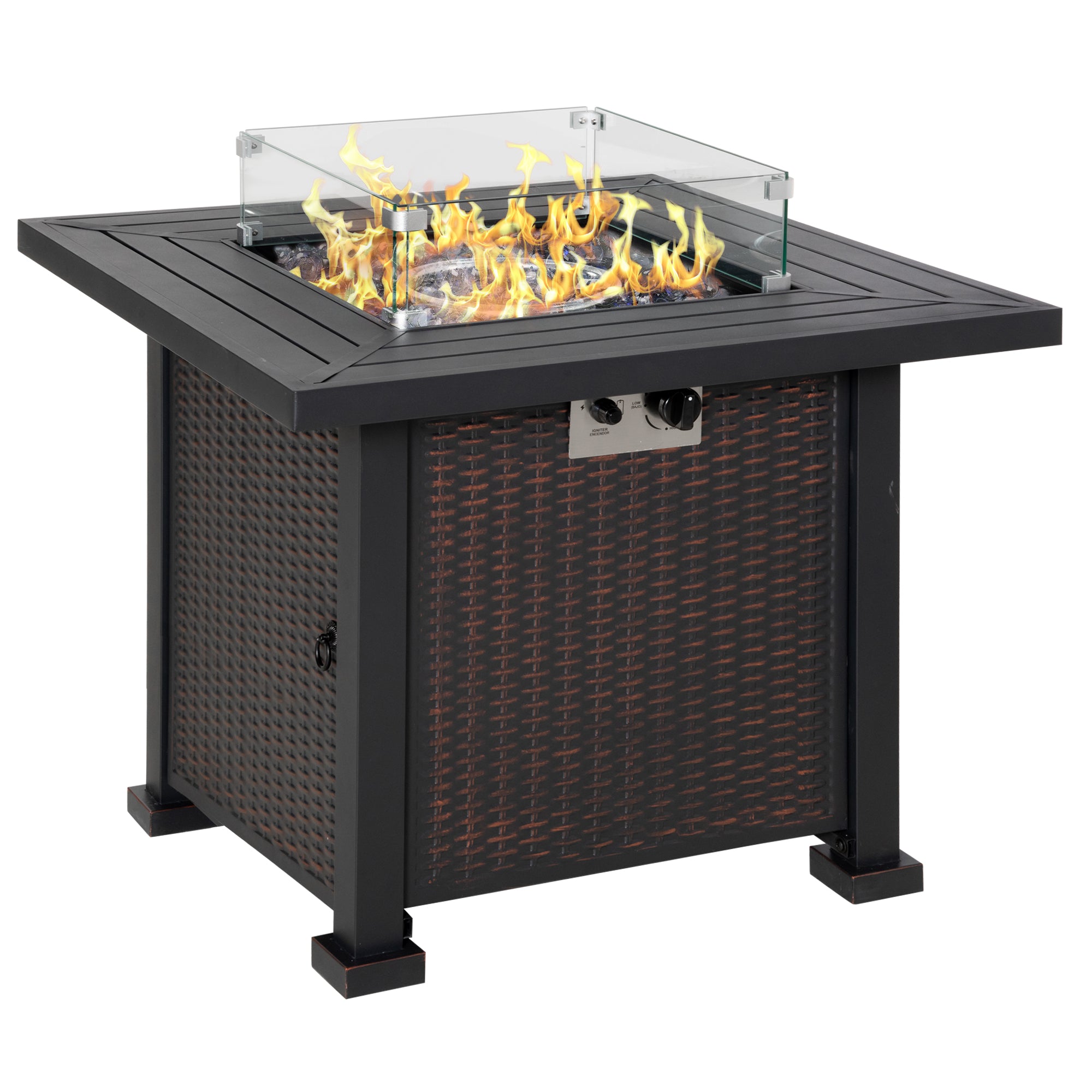 Square Propane Gas Fire Pit Table with Lid and Glass Screen - Black