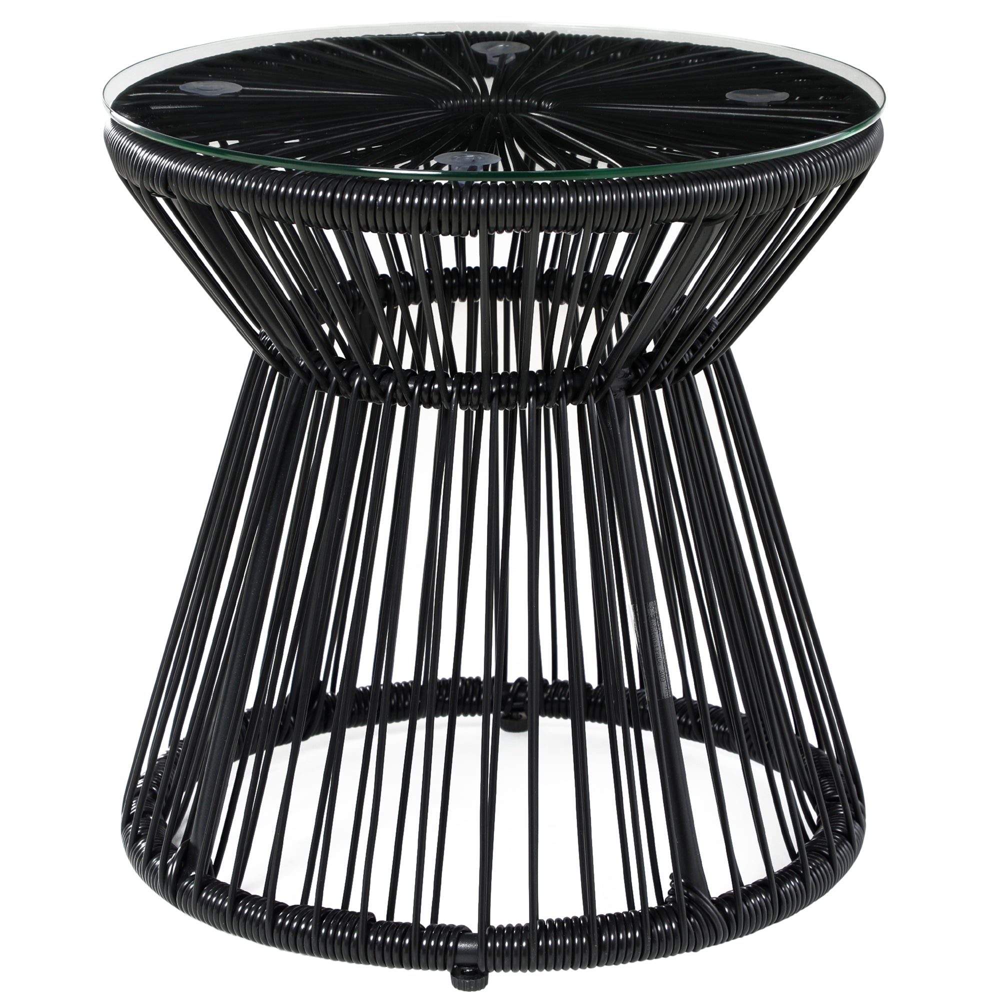 Round Rattan Hollow Drum Side Table with Glass Top for Patio Garden Balcony - Black