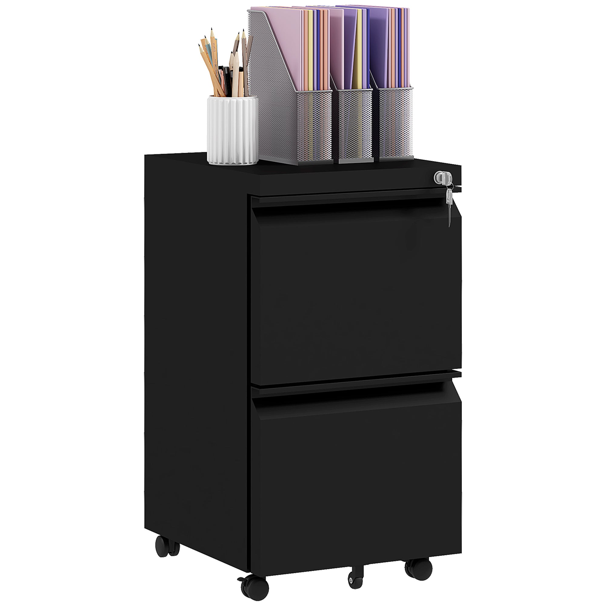 2 Drawer Lockable Mobile Filing Cabinet with Adjustable Hanging Bar - Black