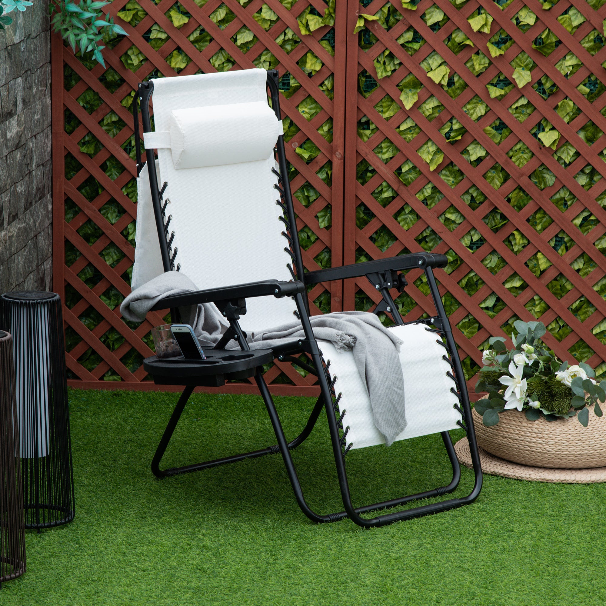 Zero Gravity Folding Reclining Chair with Canopy and Cup Holder - White