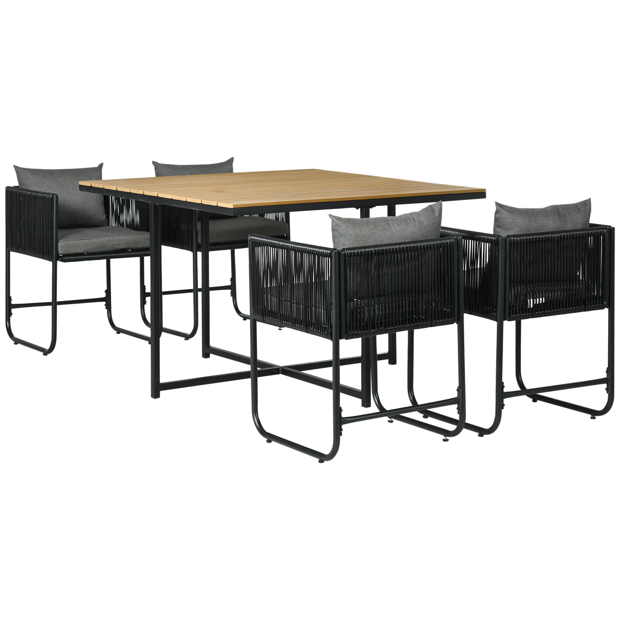 5 Piece PE Rattan Dining Set with Cushions and Wood Grain Table - Black