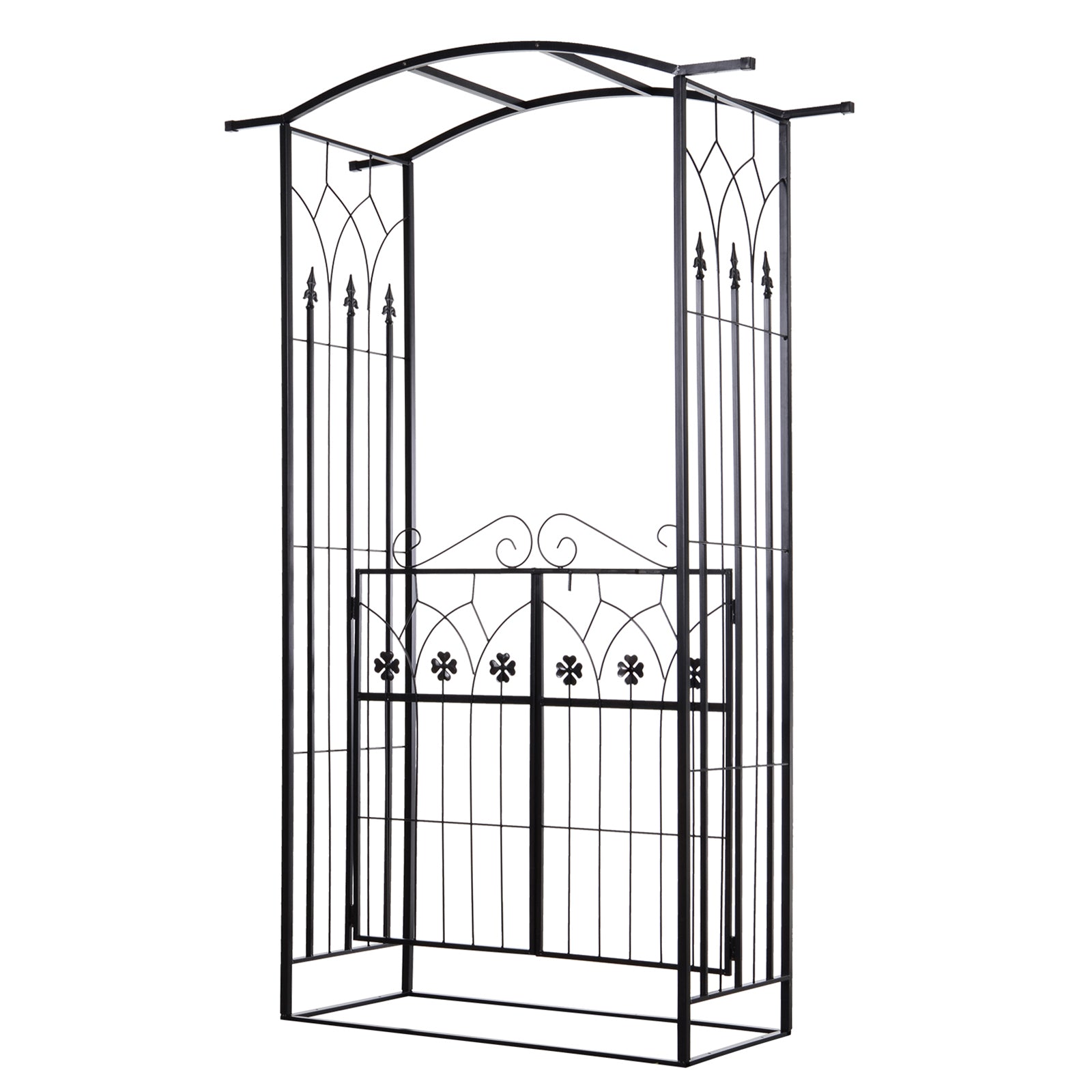 Metal Frame Garden Entrance Arch with Dual Gate and Side Trellis - Black