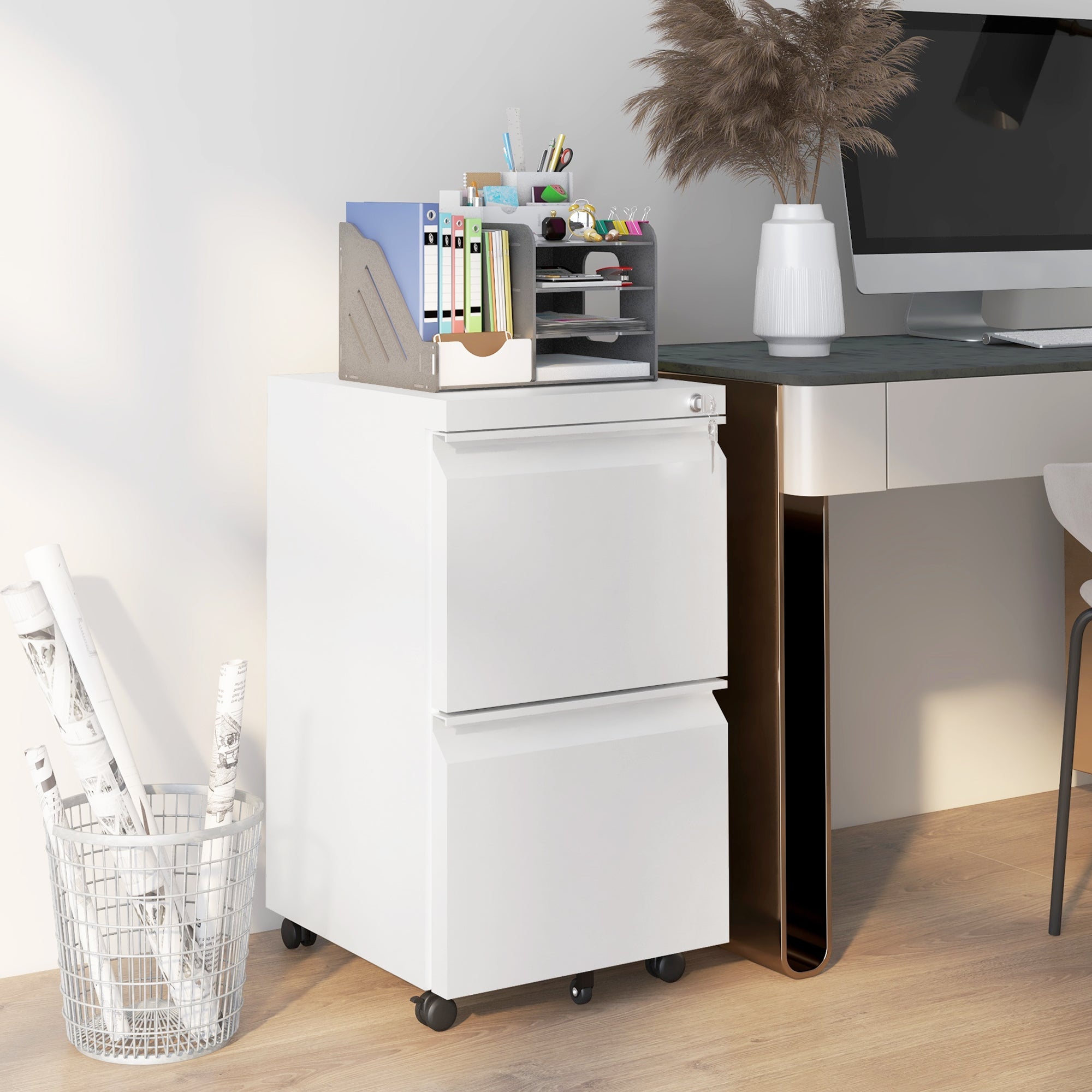 2 Drawer Steel Mobile Filing Cabinet with Lock and Adjustable Hanging Bar - White