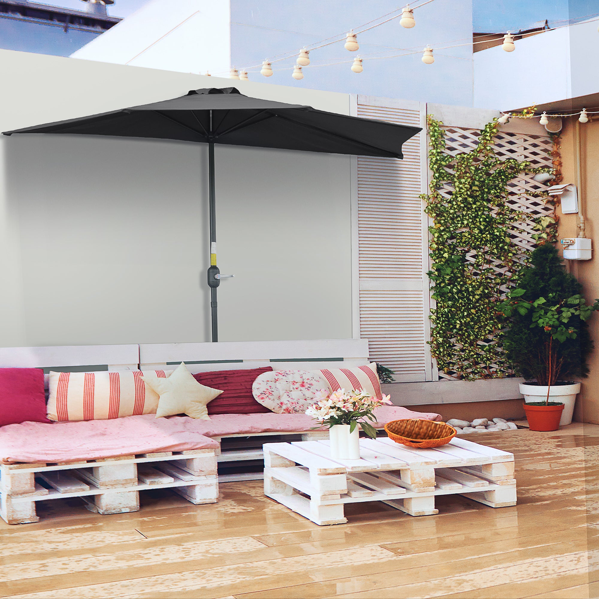 3 Metre Half Round Patio Parasol with Crank Handle - Black