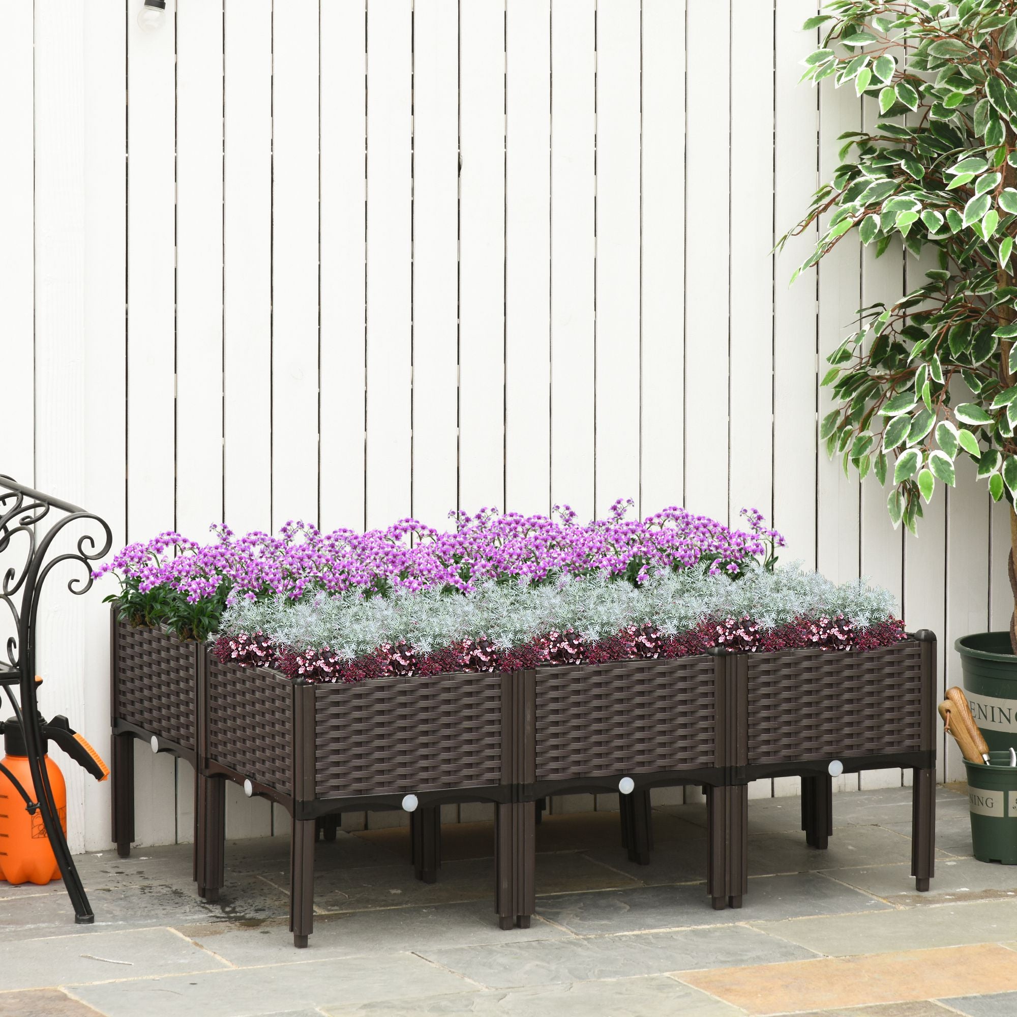 6-Piece Stackable PP Raised Flower Bed with Drainage Holes for Vegetable & Herb Growing - Brown
