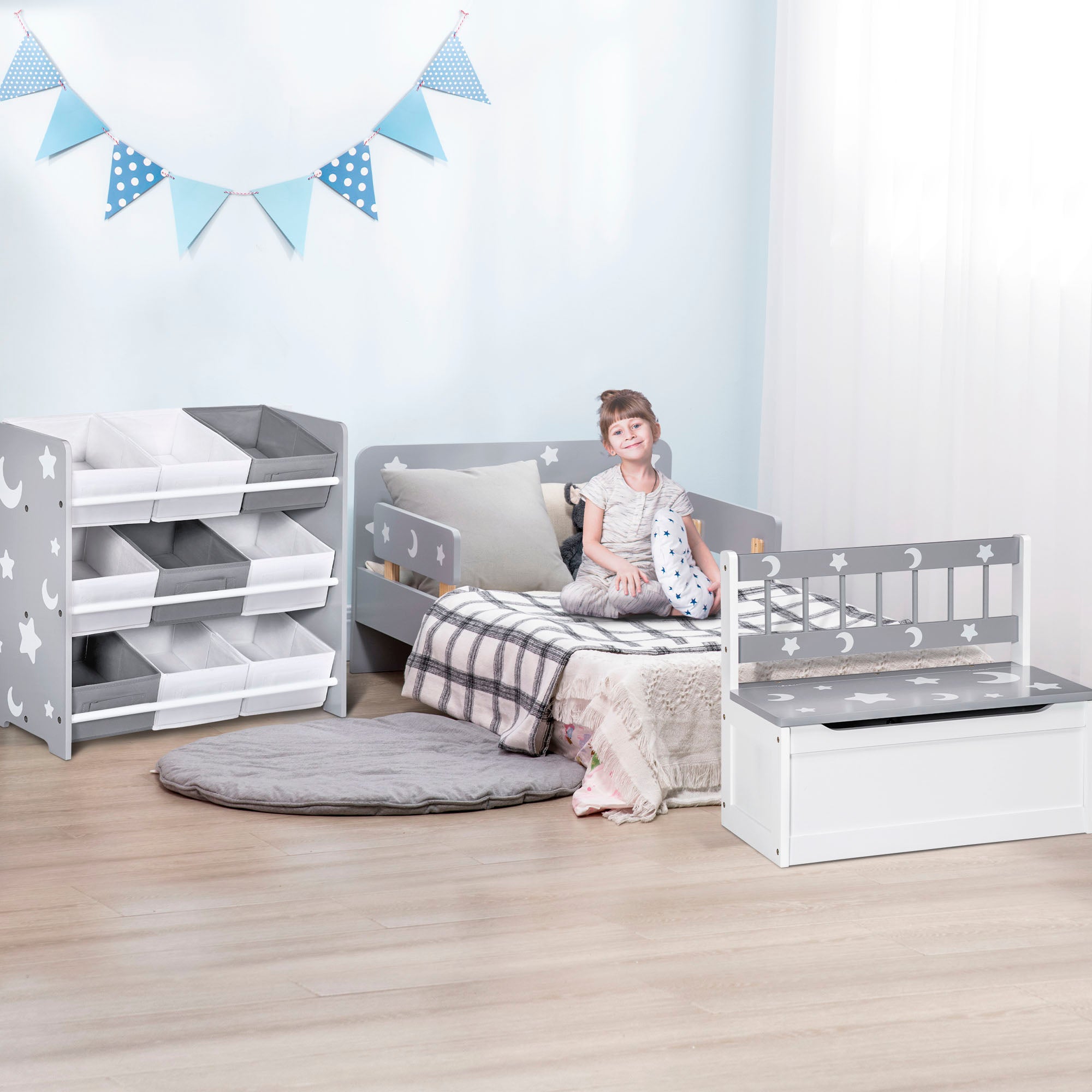 3 Piece Kids Bedroom Furniture Set with Storage Baskets Grey