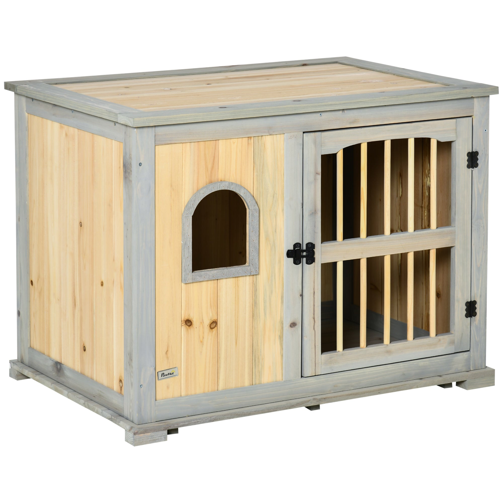 Wooden Dog Crate, End Table w/ Lockable Door and Window for Small and Medium Dog, Grey and Yellow, 95 x 65.5 x 70.5cm