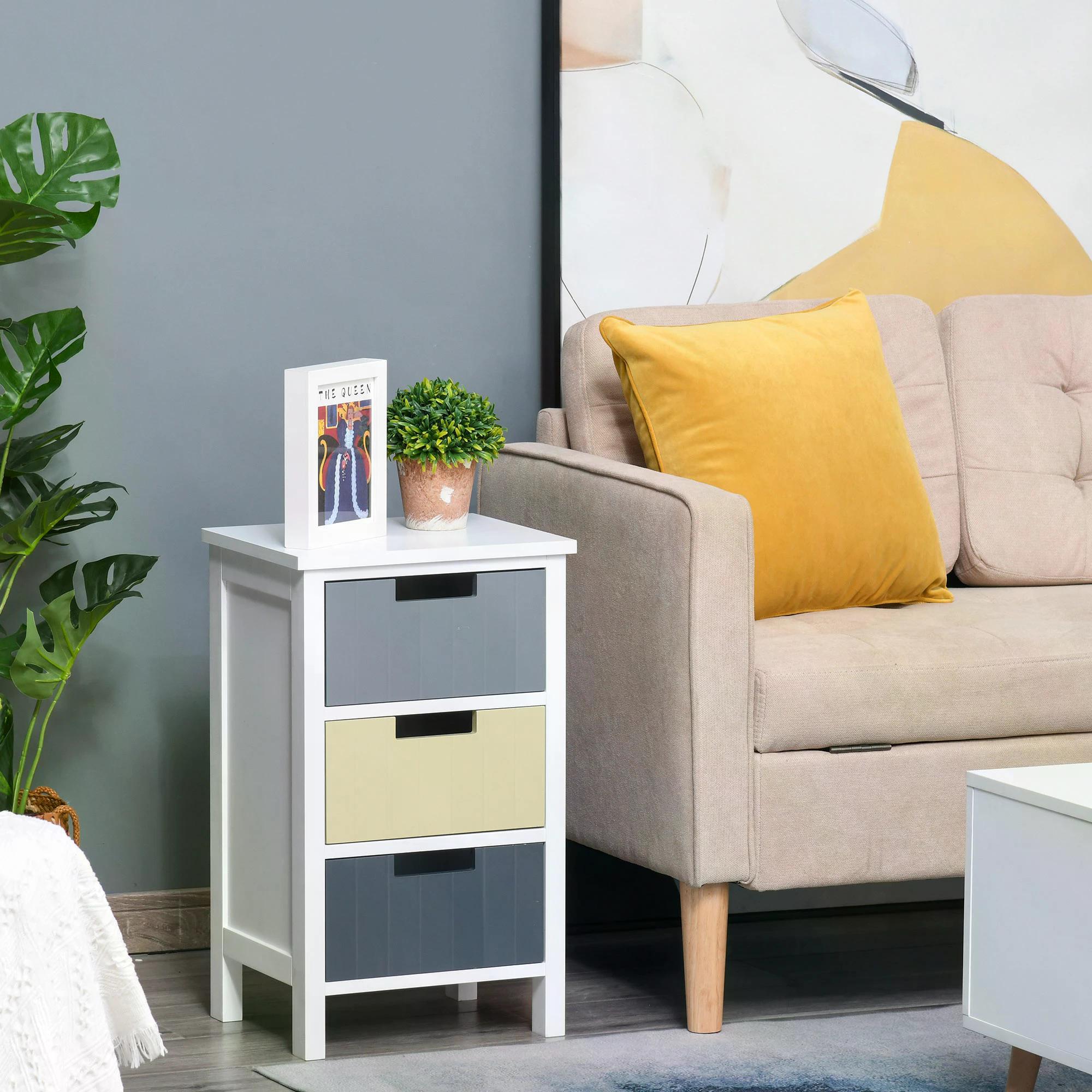 3 Drawer Storage Tower Dresser Chest with Wood Top for Bedroom Nursery Hallway - White Frame Multi-Colour Drawers