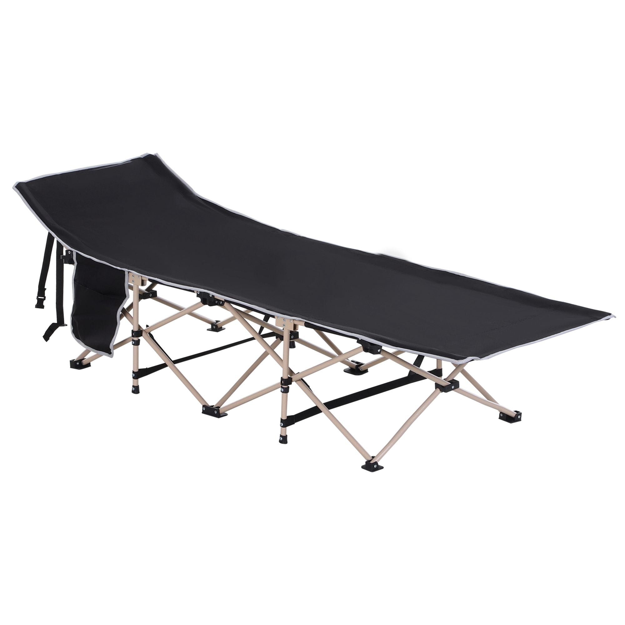 Portable Camping Folding Cot with Steel Frame and Side Pocket - Black