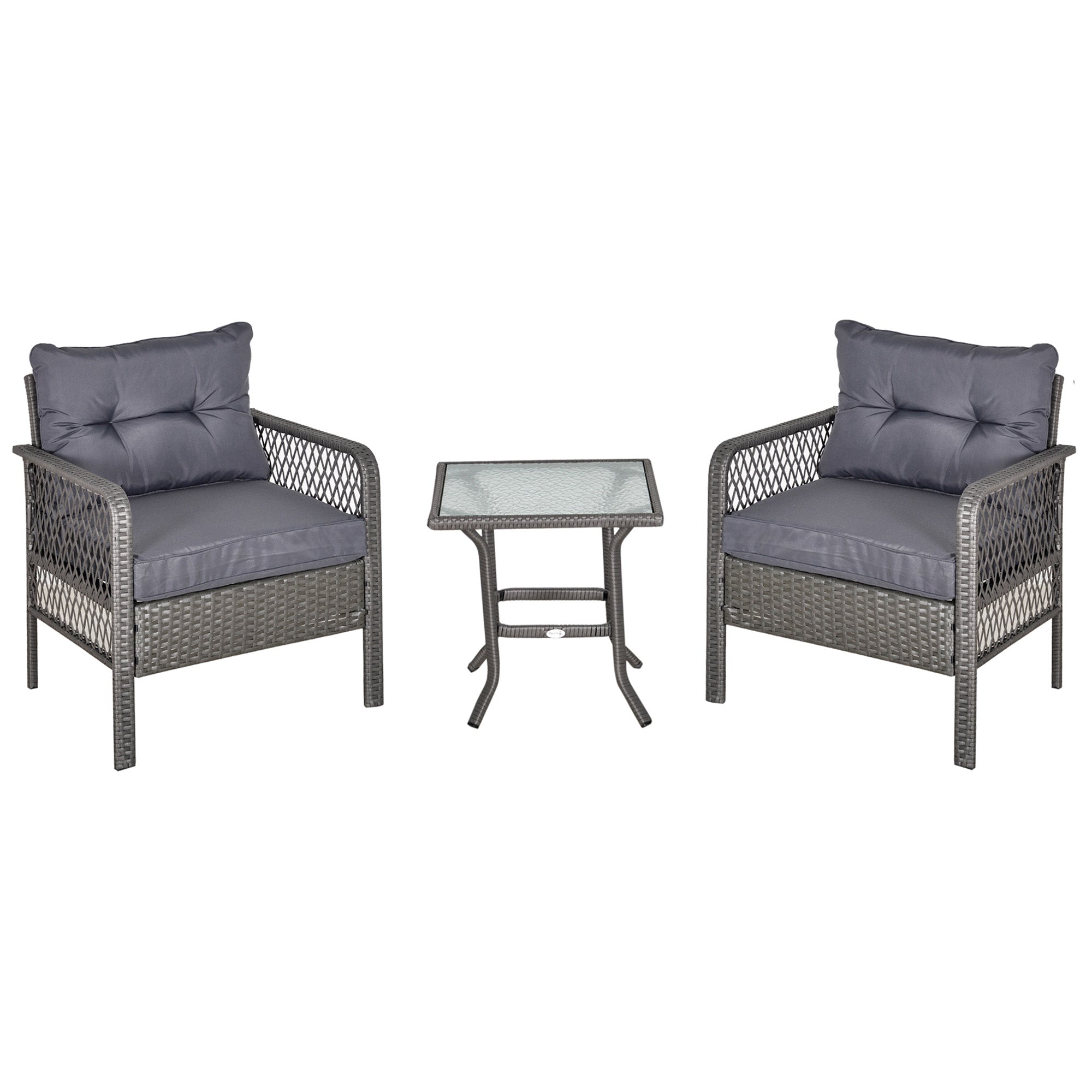 2 Seater Patio PE Rattan Bistro Set with Cushions and Tempered Glass Table - Grey