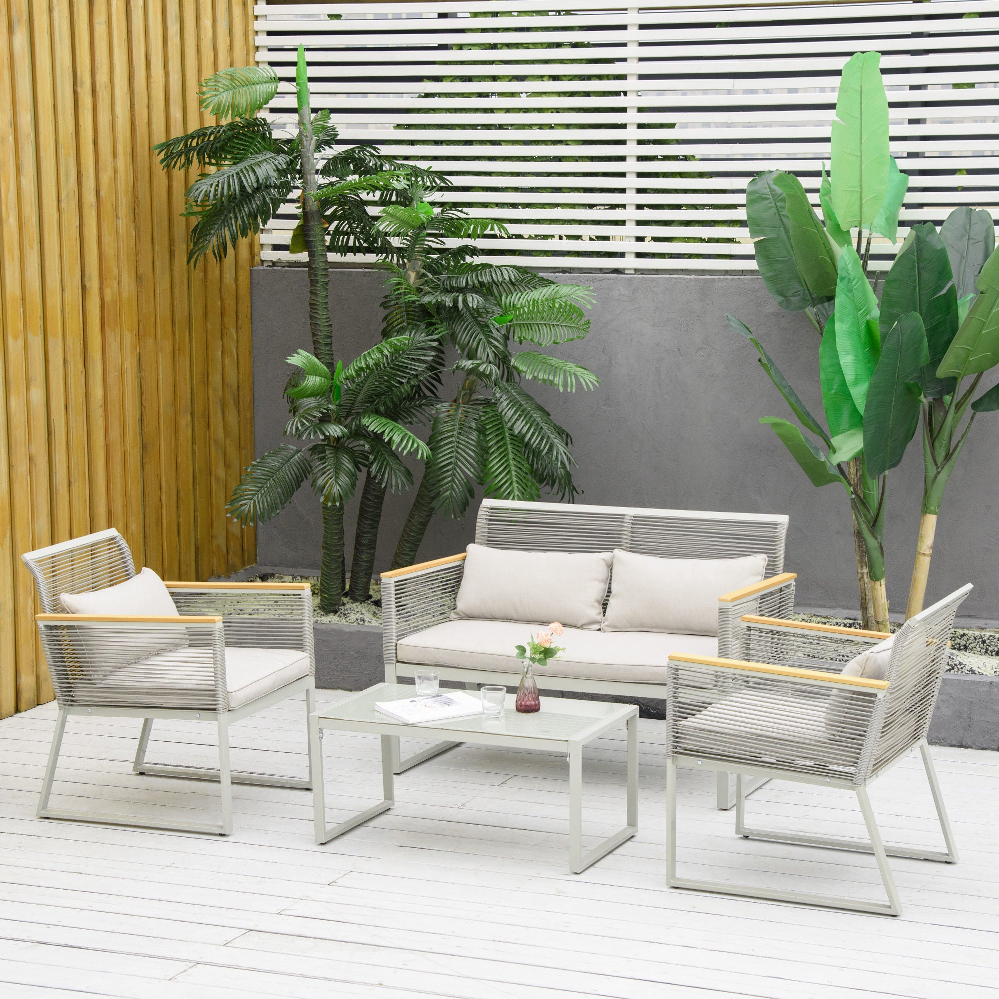 4 Piece Outdoor Wicker Sofa Set with Cushions and Tempered Glass Table Grey
