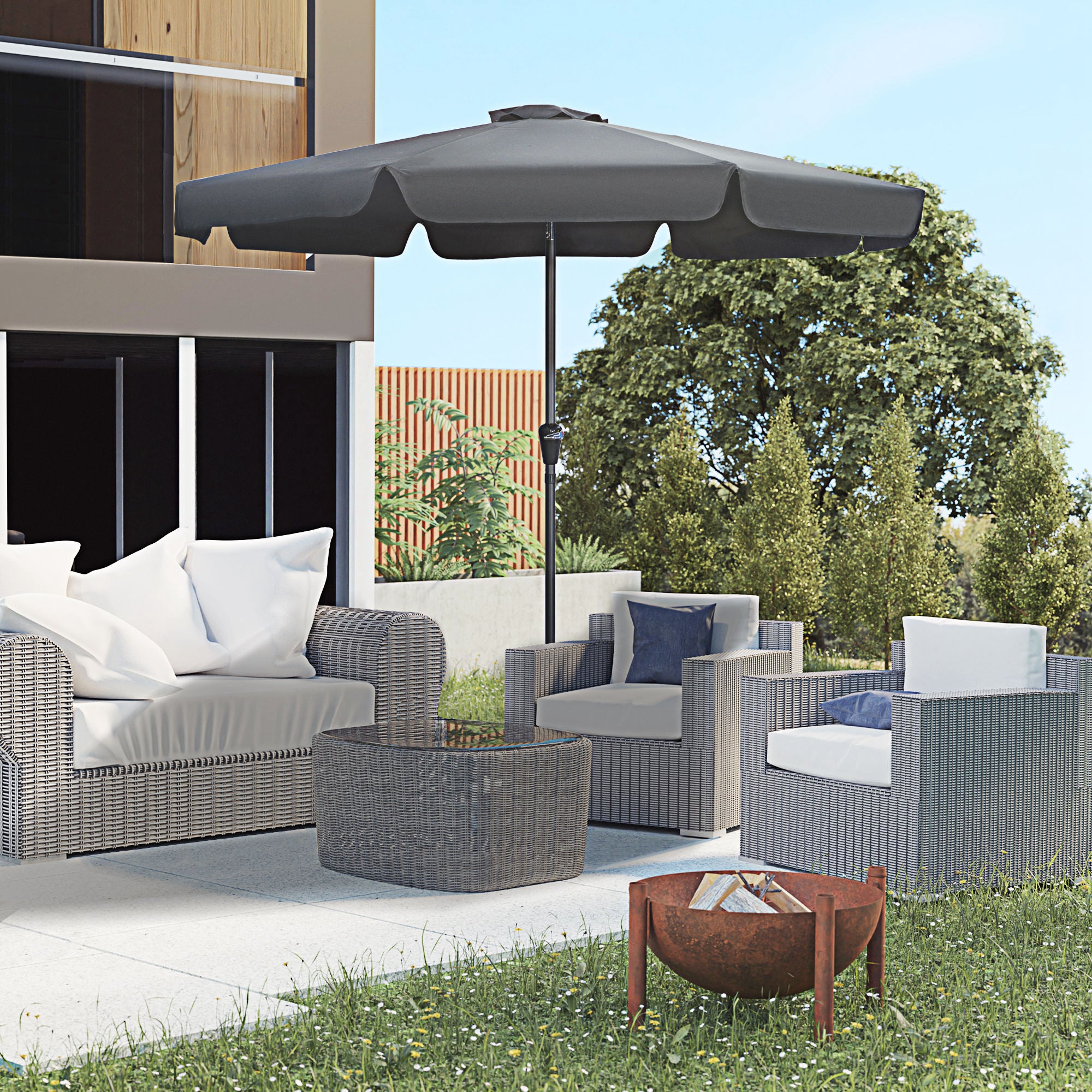2.7m Patio Parasol Garden Umbrella with Tilt Crank & Ruffles, 8 Ribs - Black