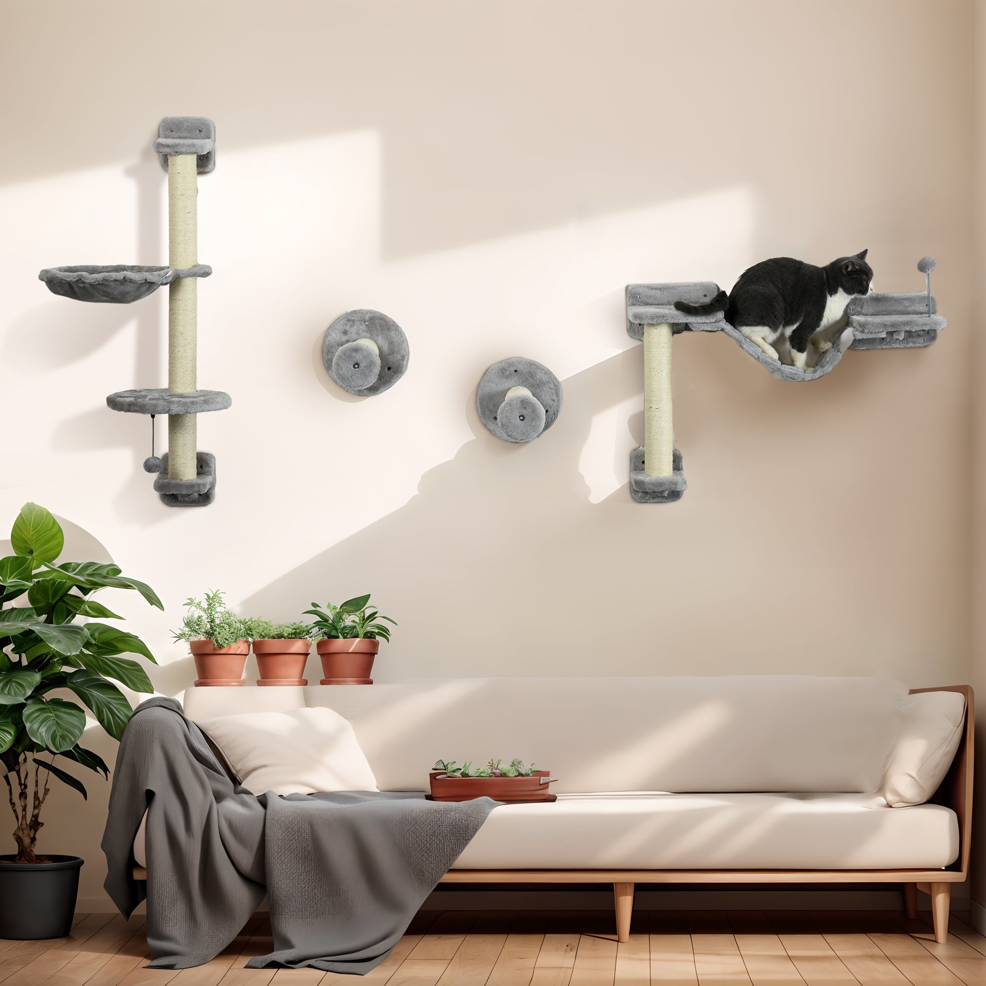 Four-Piece Wall-Mounted Cat Furniture Set with Hammock, Ladder & Scratching Post - Grey