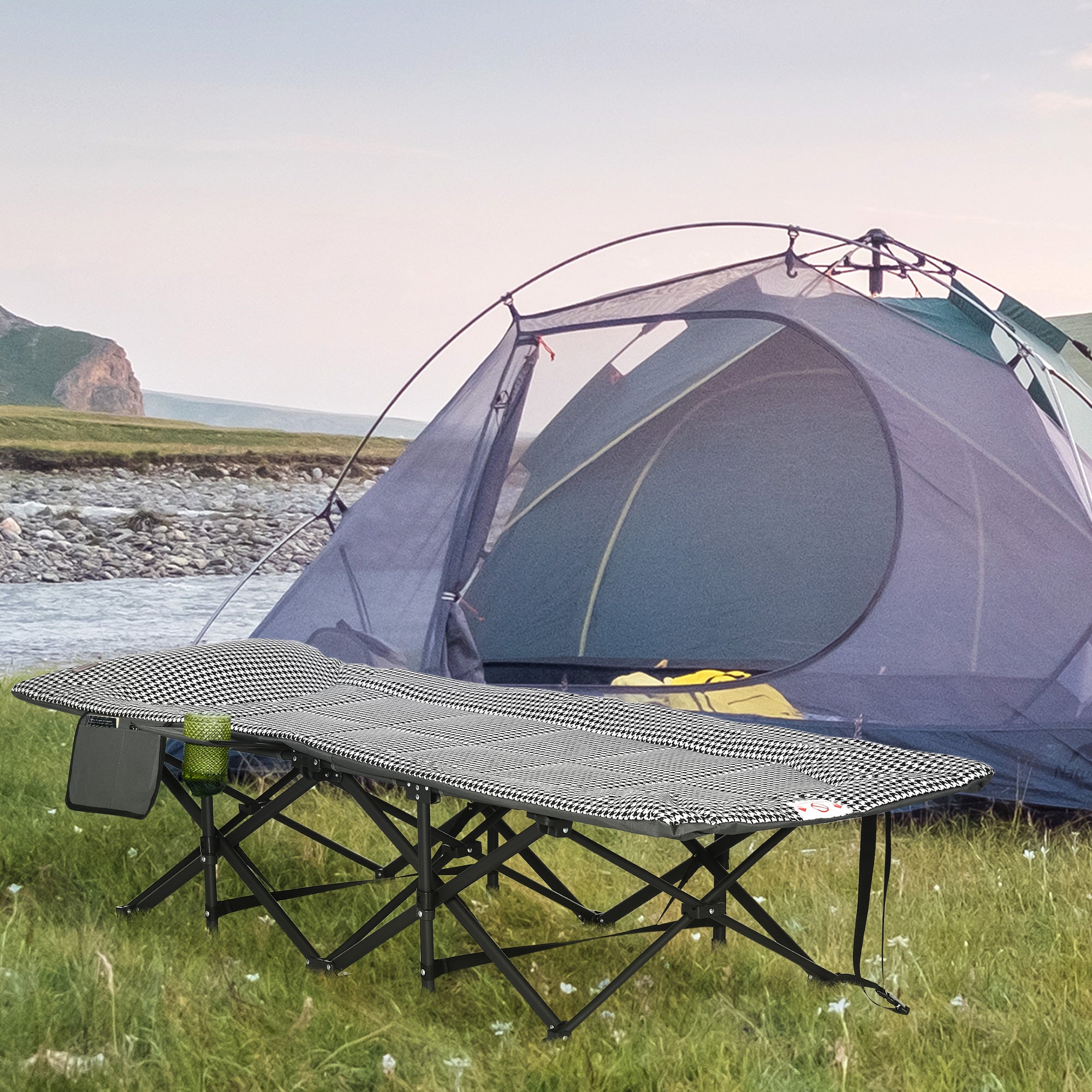 Foldable Padded Sun Lounger with Cup Holder and Carry Bag - Black