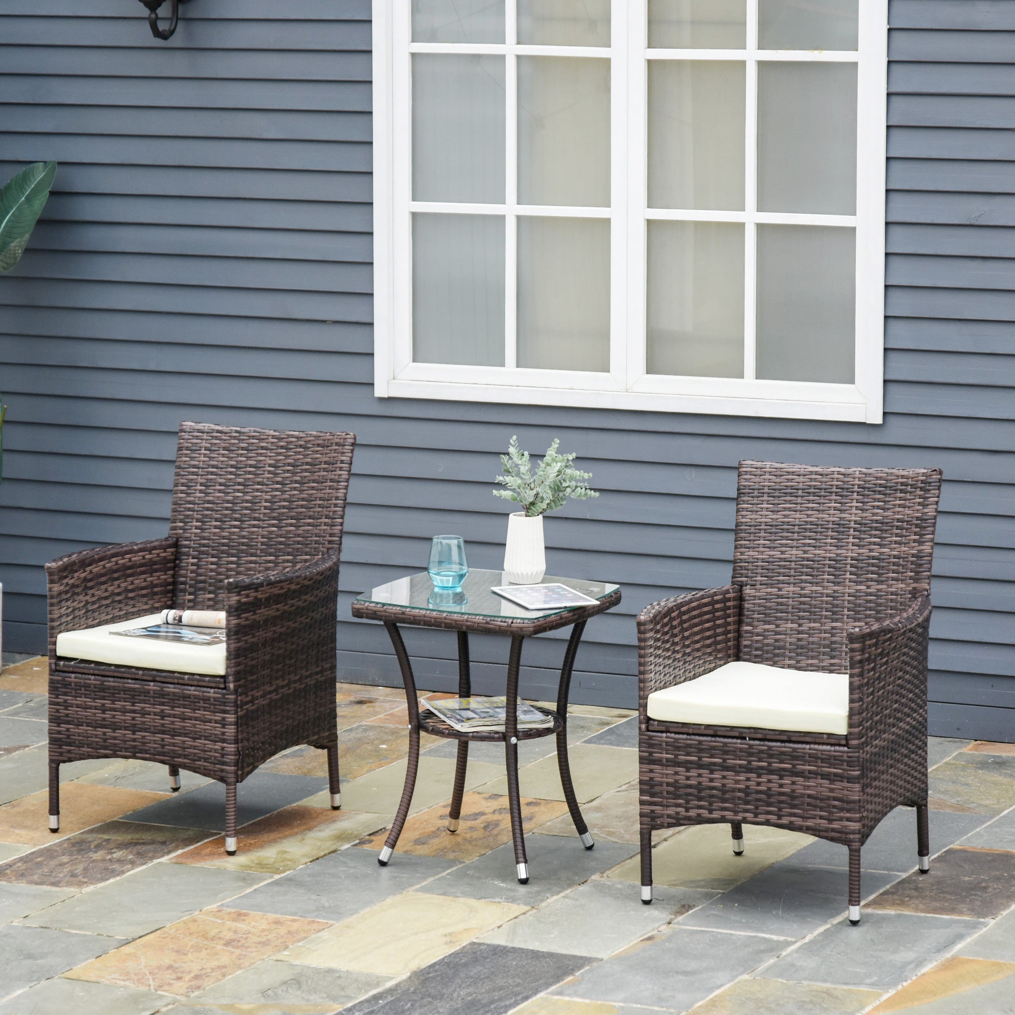 2 Seater Outdoor Rattan Dining Chairs with Cushions - Mixed Brown