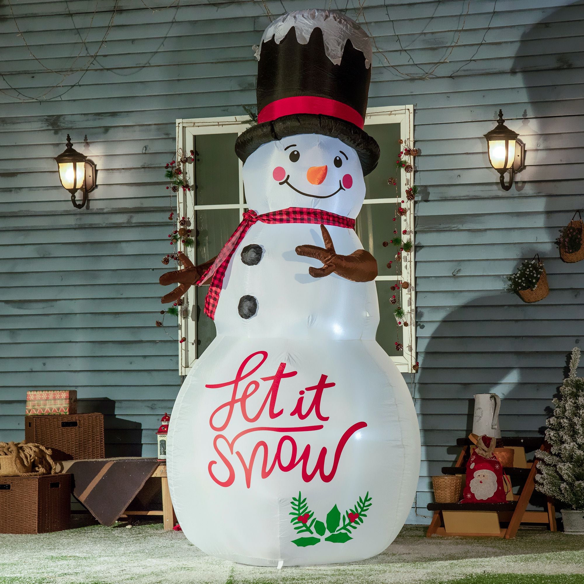 8ft Inflatable Christmas Snowman LED Yard Display with Black Hat and Red Scotch Scarf - White